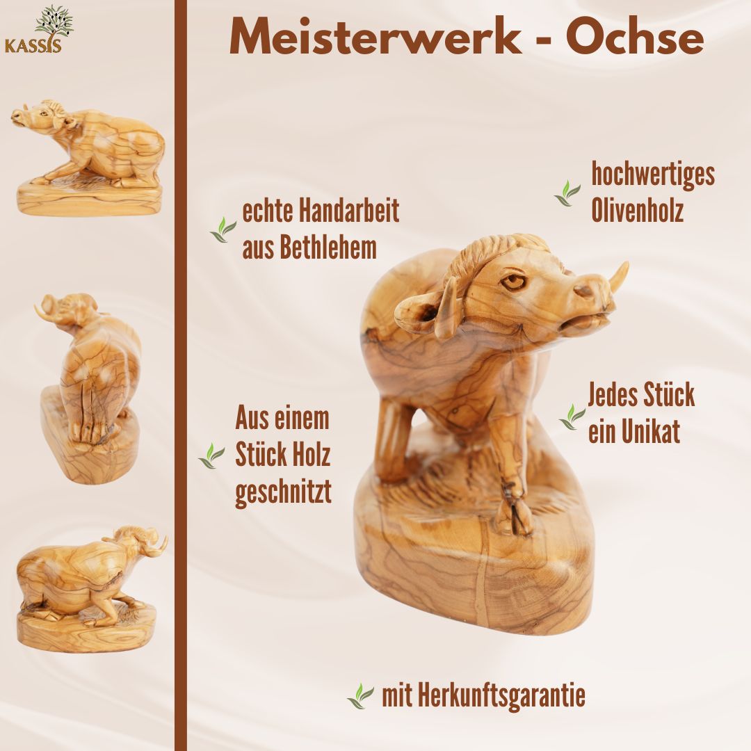 Handgeschnitzter Ochse aus Olivenholz – Exklusive Holzskulptur aus Bethlehem (18 cm)