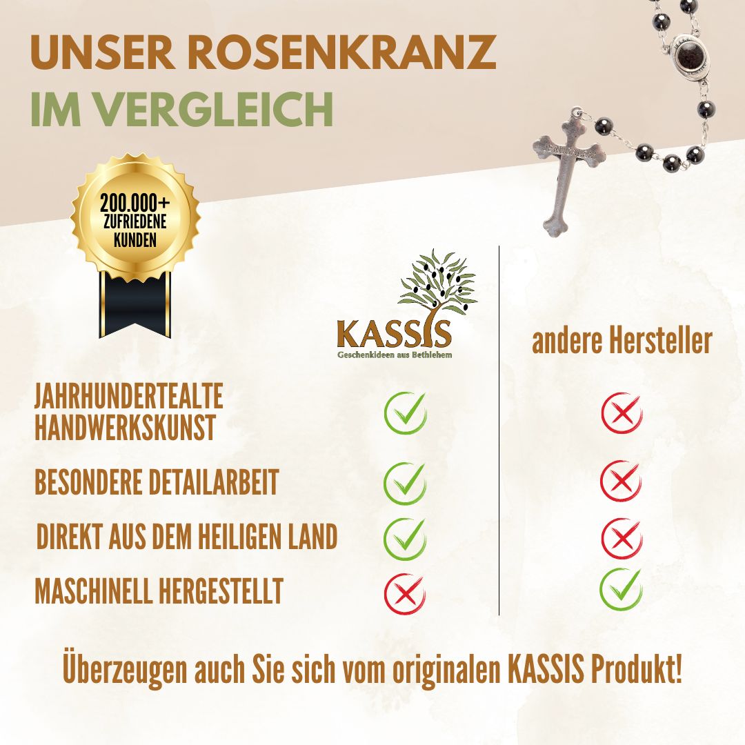 Rosenkranz mit runden Hämatitperlen (42 cm) | Gebetskette mit Kreuz als Geschenk zur Taufe, Kommunion & Firmung