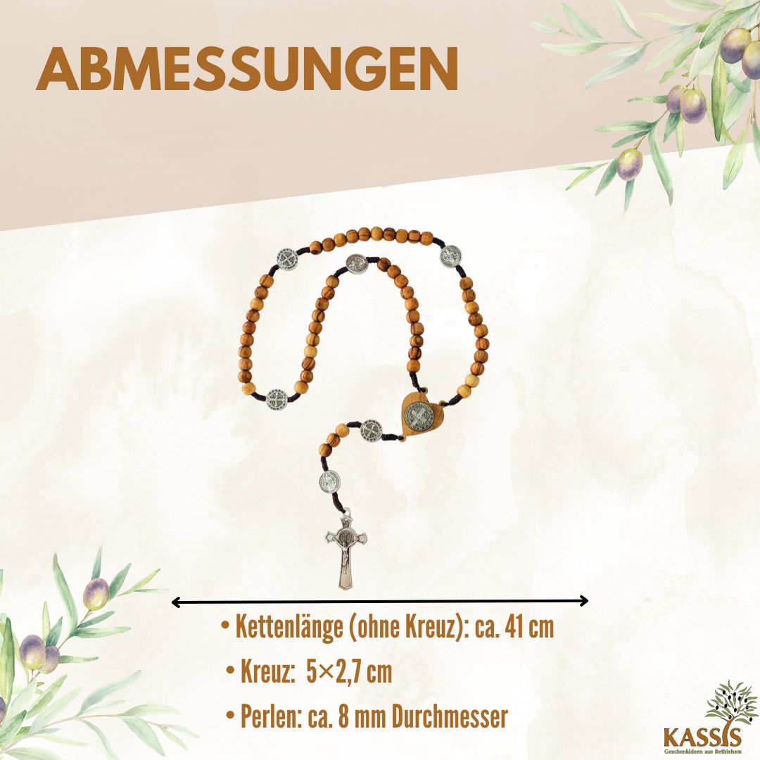 St. Benedikt Rosenkranz aus Olivenholz | Gebetskette mit Kreuz & Medaille, Geschenk Taufe, Kommunion, Firmung