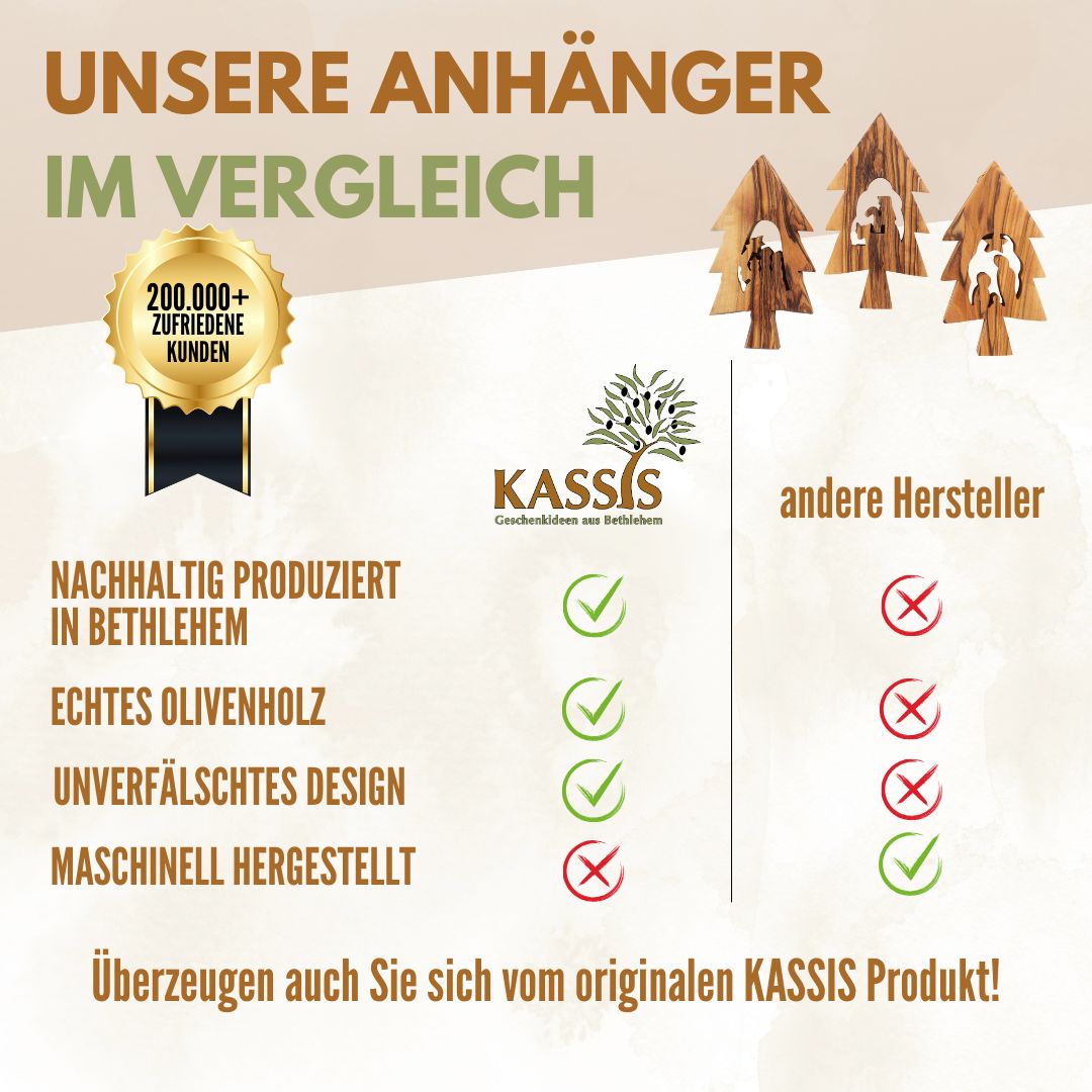 Olivenholz Krippen-Anhänger im Tannenbaum 3er Set (ohne Rinde) | Baumschmuck & Weihnachtsdeko für Advent und Weihnachten