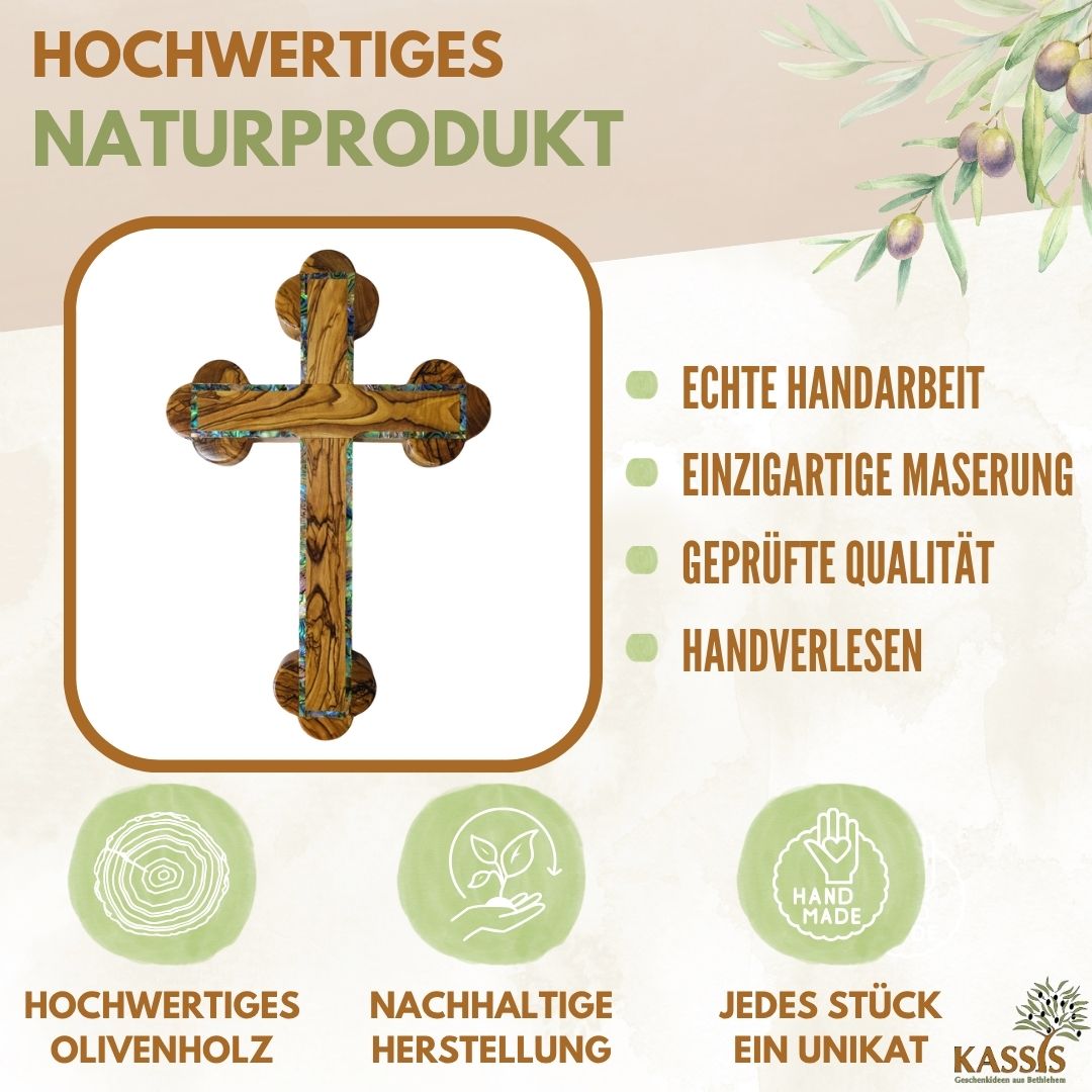 Olivenholz Kreuz mit Perlmutt-Rand | Wandkreuz Geschenk zur Taufe, Kommunion & Firmung
