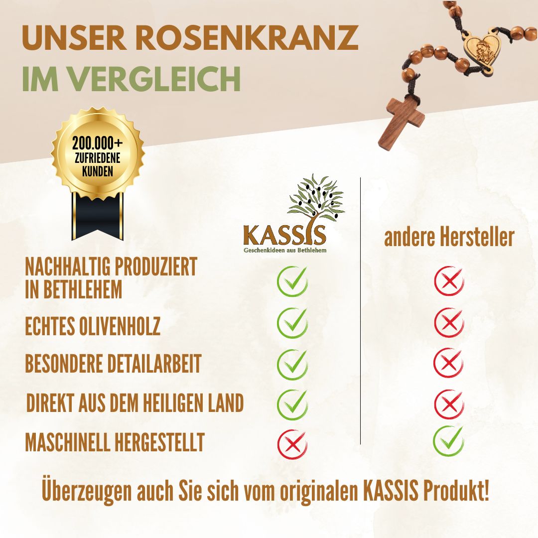 Rosenkranz aus Olivenholz mit Herz und Maria (42 cm) | Gebetskette als Geschenk zur Taufe, Kommunion & Firmung