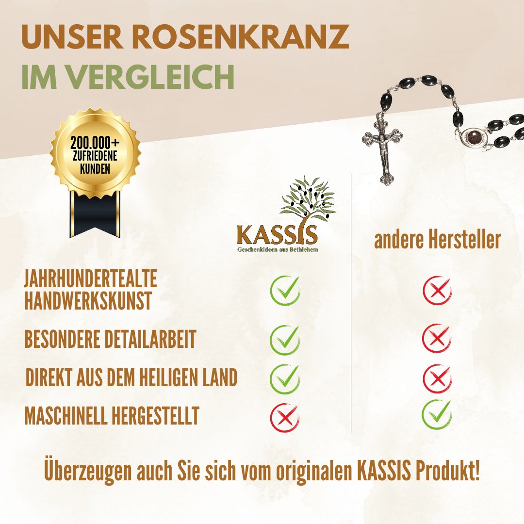 Rosenkranz mit ovalen Hämatitperlen (53 cm) | Gebetskette mit Metallkreuz, Geschenk zur Taufe, Kommunion & Firmung