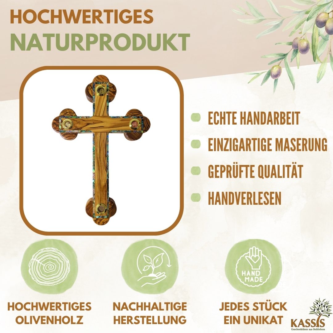 Olivenholz Kreuz mit Perlmutt-Rand & Einlagen aus Bethlehem 28 × 18,5 cm | Handarbeit aus dem Heiligen Land