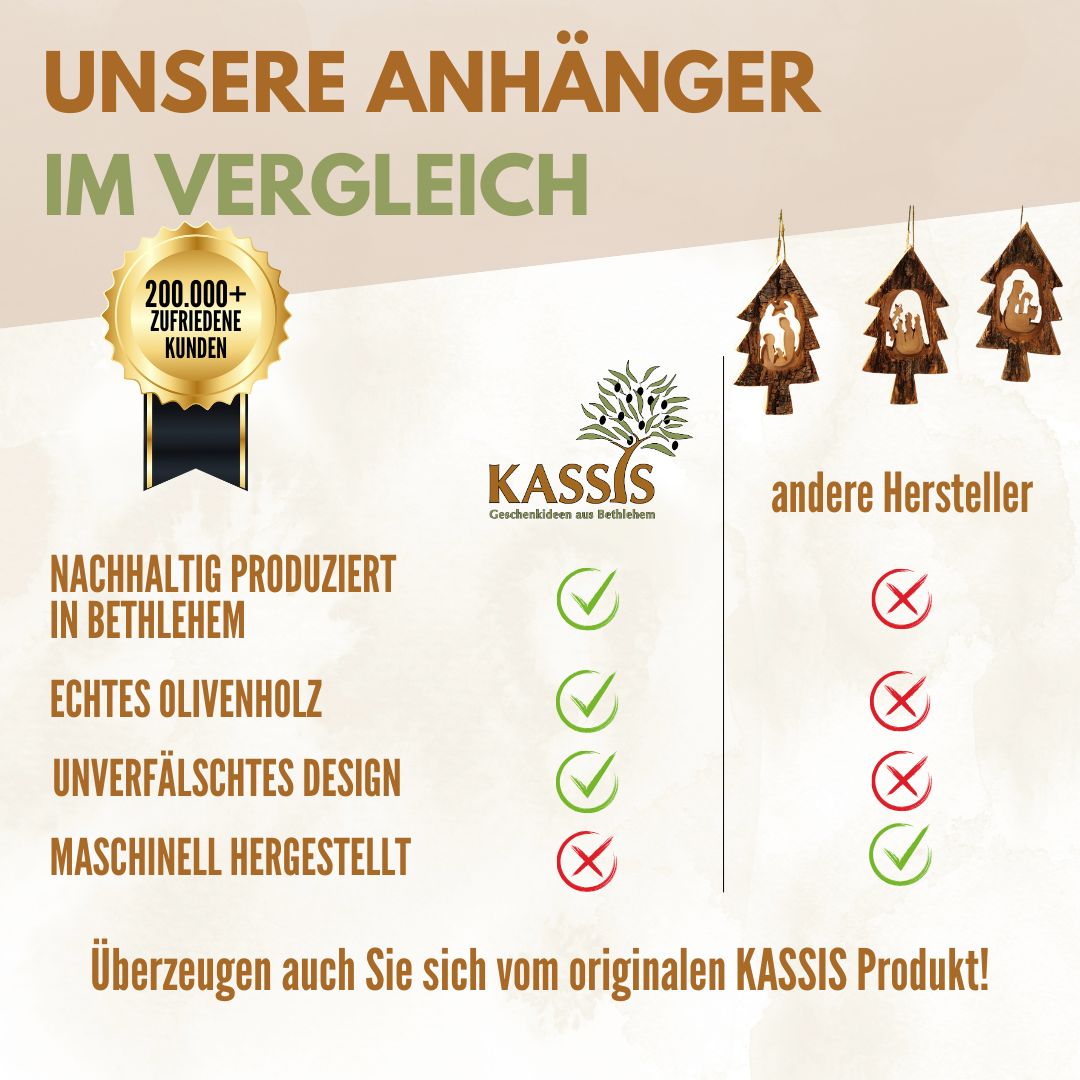 Krippen-Anhänger aus Olivenholz im Tannenbaum mit Rinde (3er Set) | Baumschmuck & Weihnachtsdeko für Advent und Weihnachten