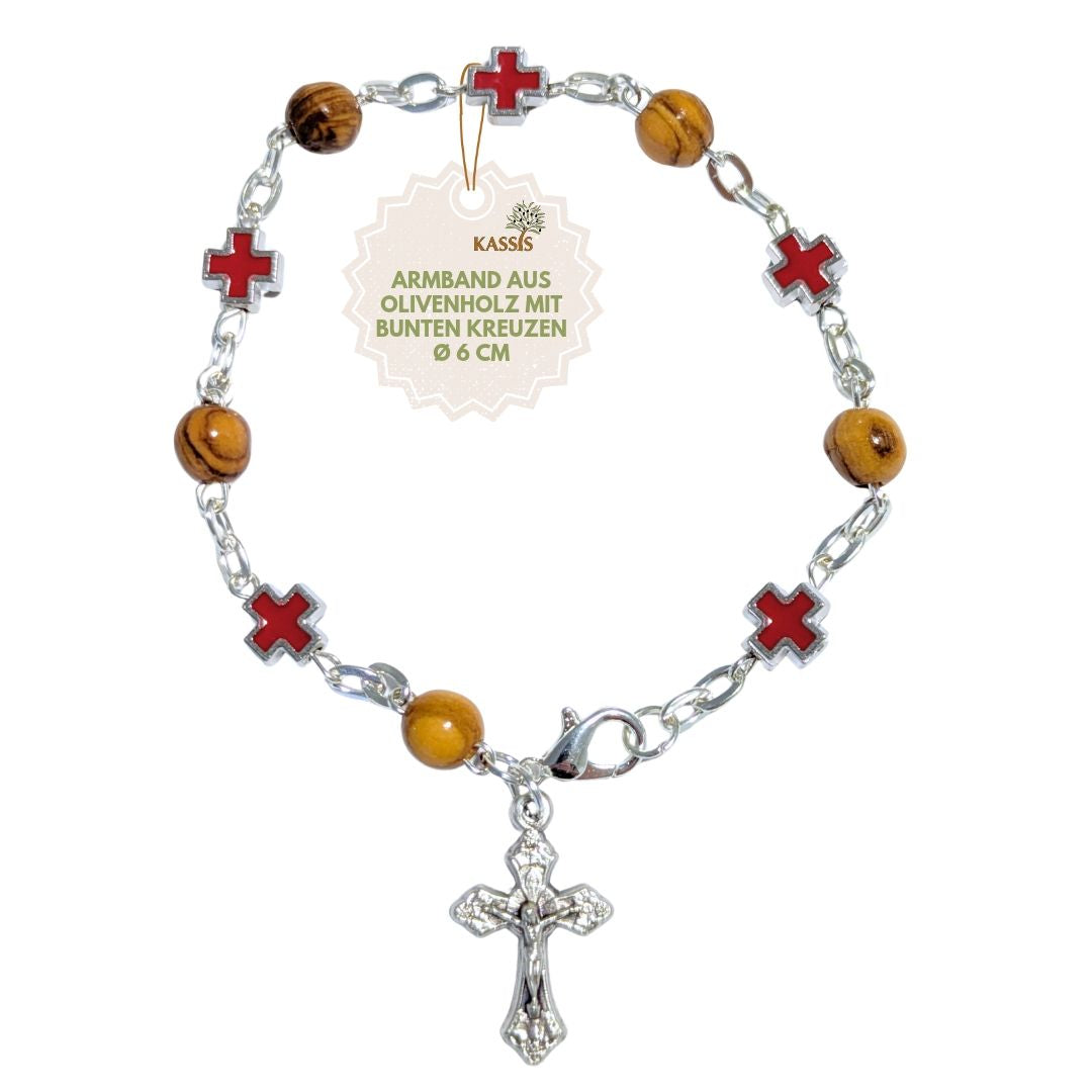 Olivenholz Armband mit farbigen Kreuzen | Handgefertigt in Bethlehem