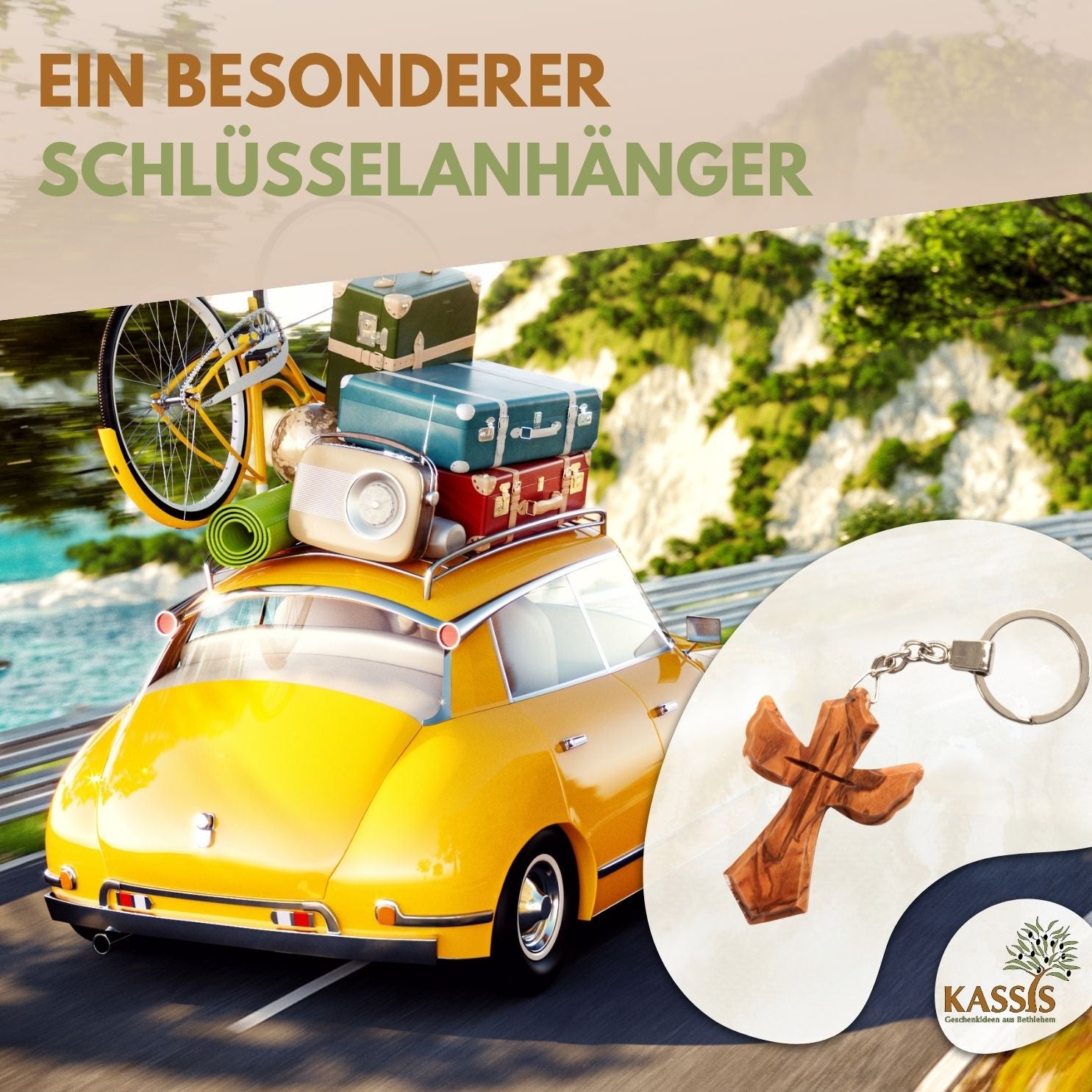Personalisierter Schlüsselanhänger aus Olivenholz mit Gravur – Kreuz in Engel Form | Geschenk zur Taufe, Kommunion, Geburtstag