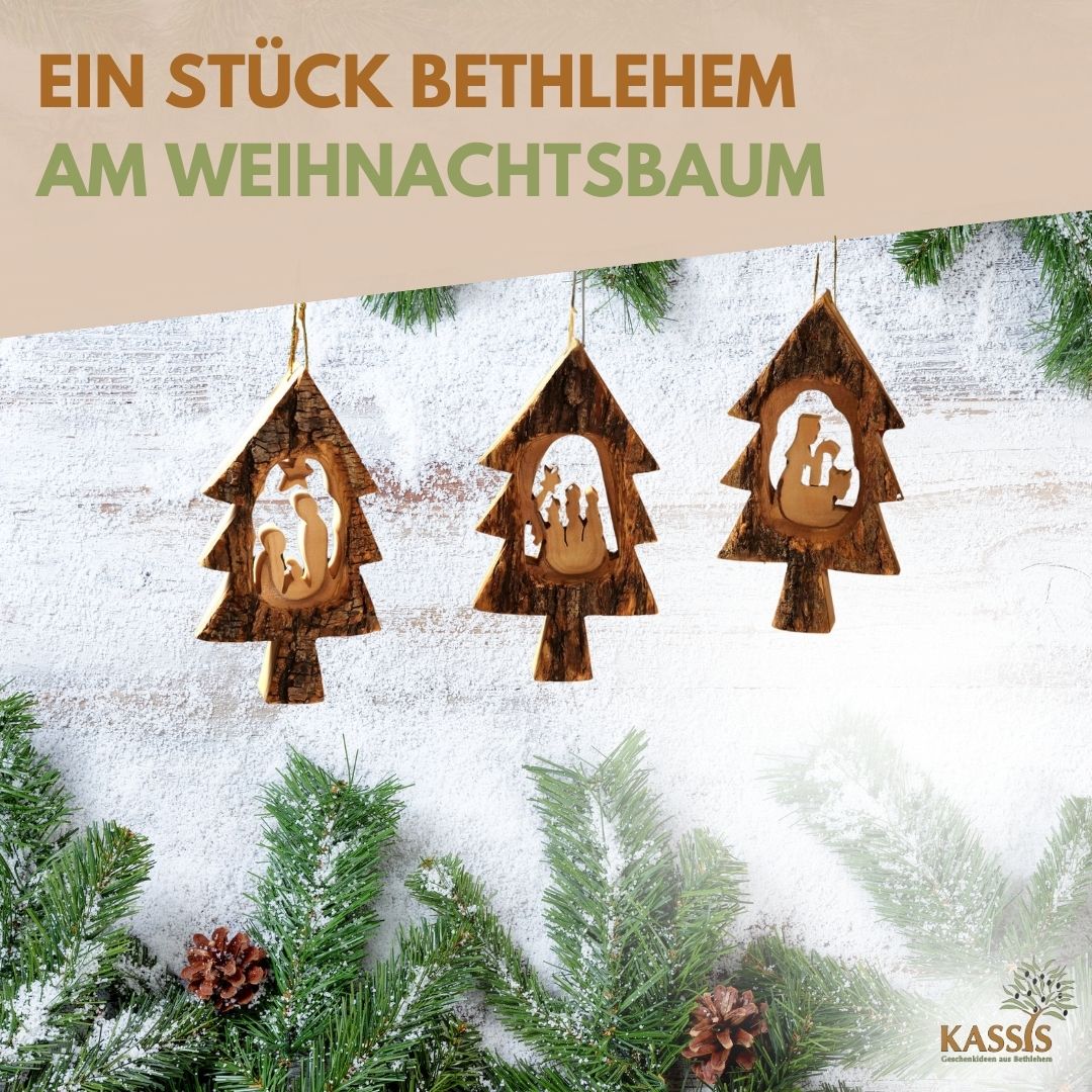 Krippen-Anhänger aus Olivenholz im Tannenbaum mit Rinde (3er Set) | Baumschmuck & Weihnachtsdeko für Advent und Weihnachten