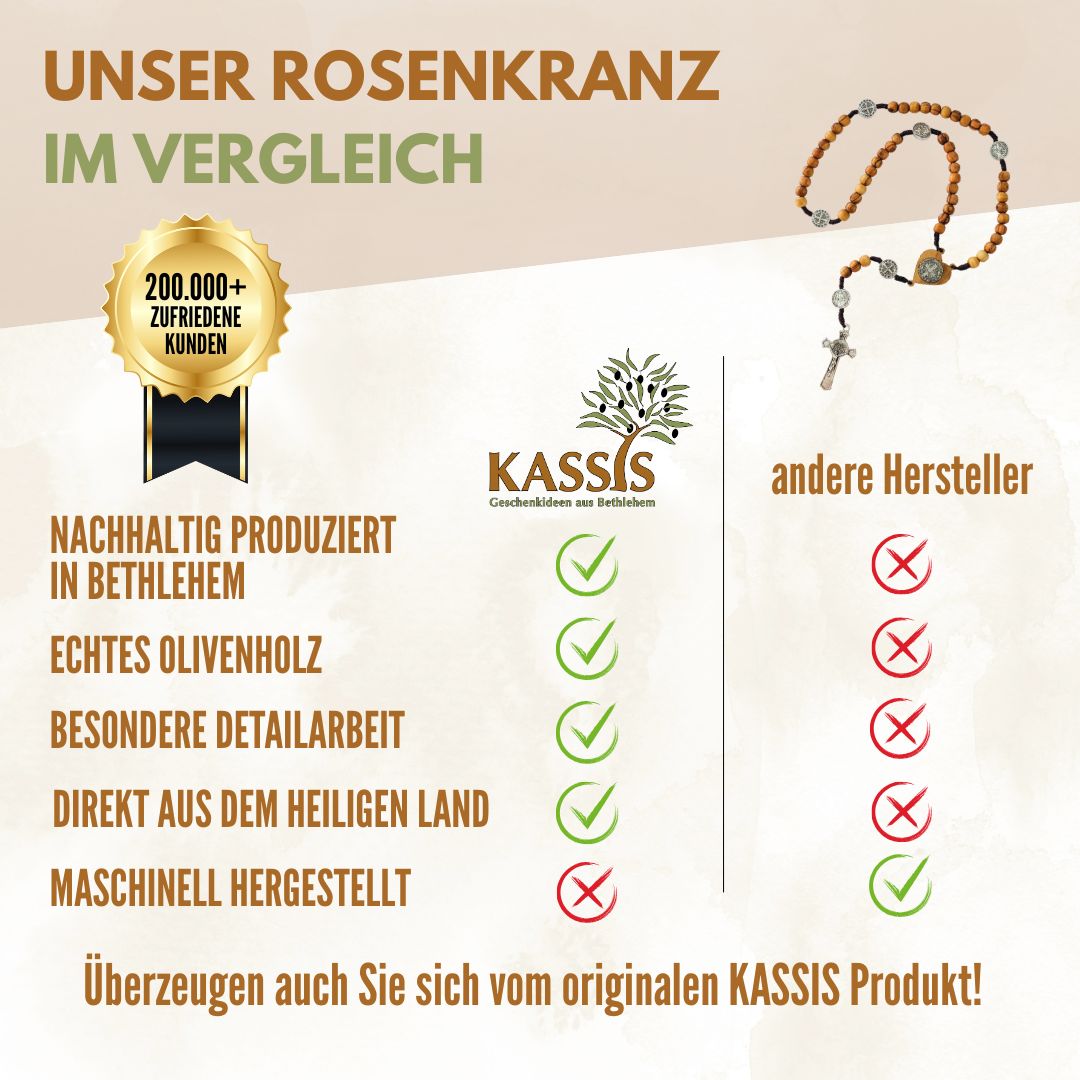 St. Benedikt Rosenkranz aus Olivenholz | Gebetskette mit Kreuz & Medaille, Geschenk Taufe, Kommunion, Firmung