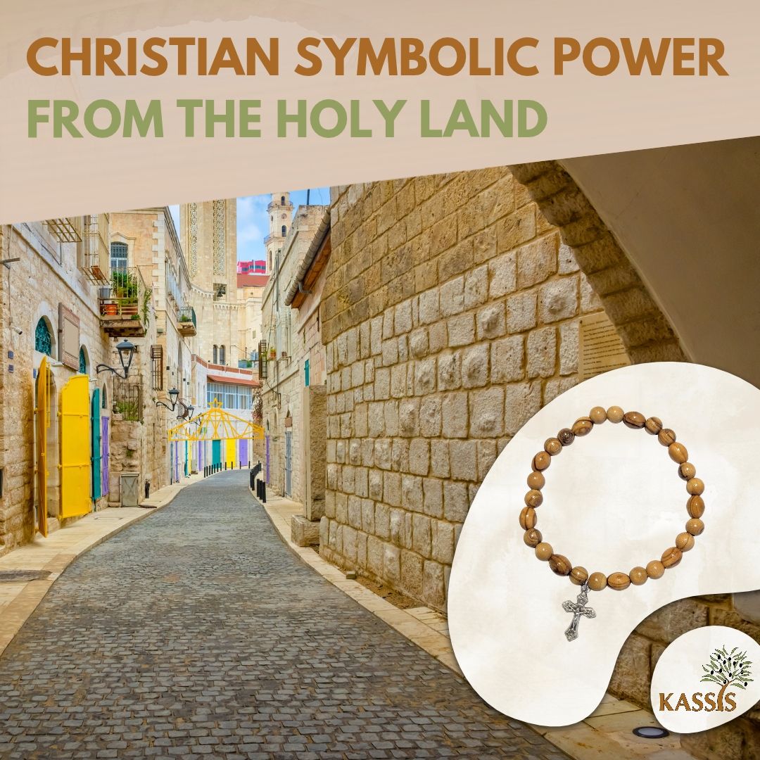 Olivenholz Armband mit Kreuz | Elastisches Perlenarmband aus Bethlehem