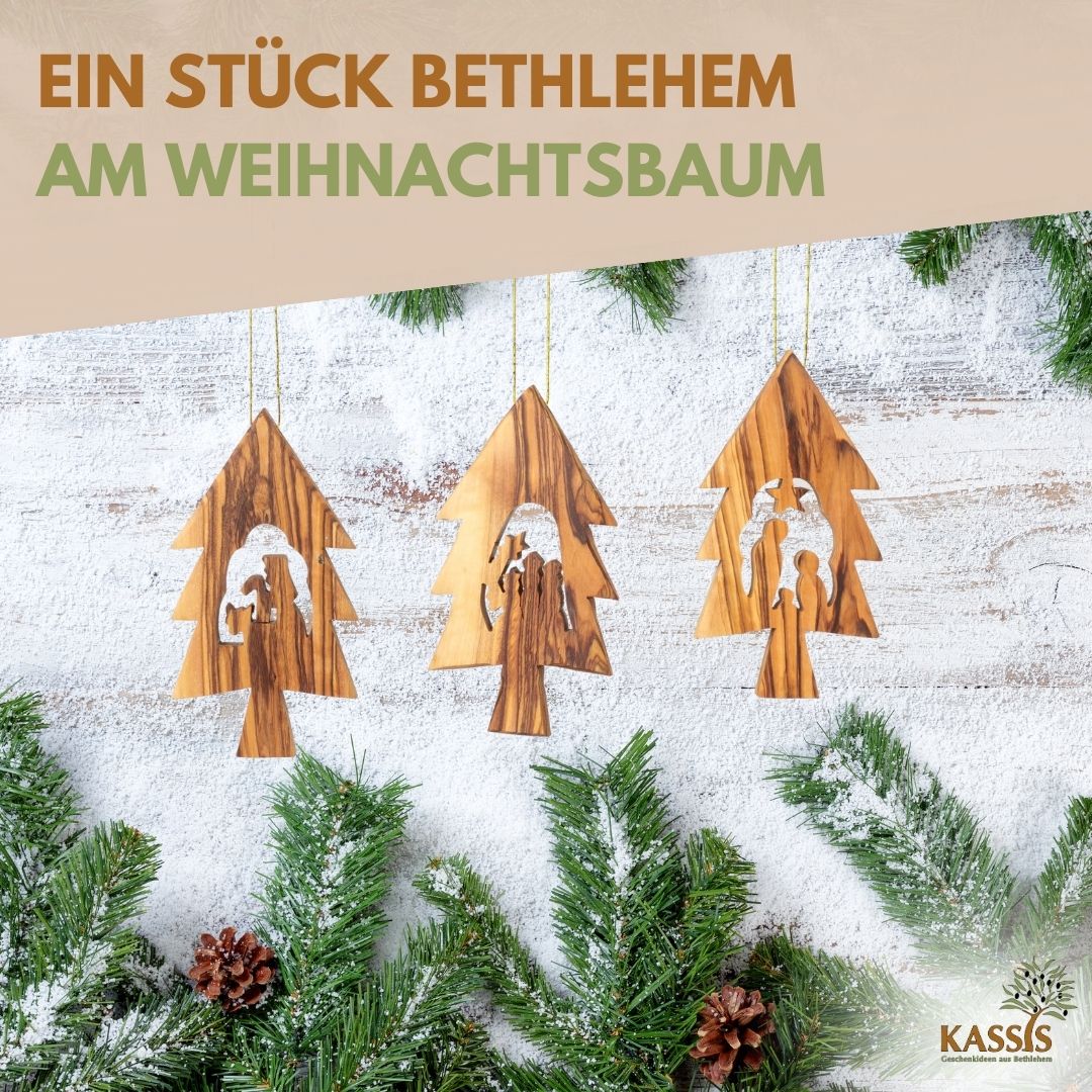 Olivenholz Krippen-Anhänger im Tannenbaum 3er Set (ohne Rinde) | Baumschmuck & Weihnachtsdeko für Advent und Weihnachten