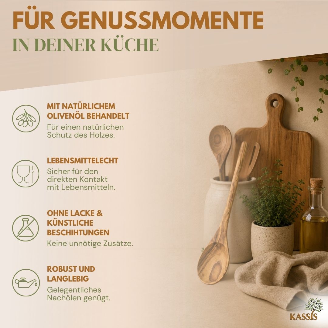 Kochlöffel aus Olivenholz (31 cm) | Massiver Holzlöffel zum Kochen & Servieren