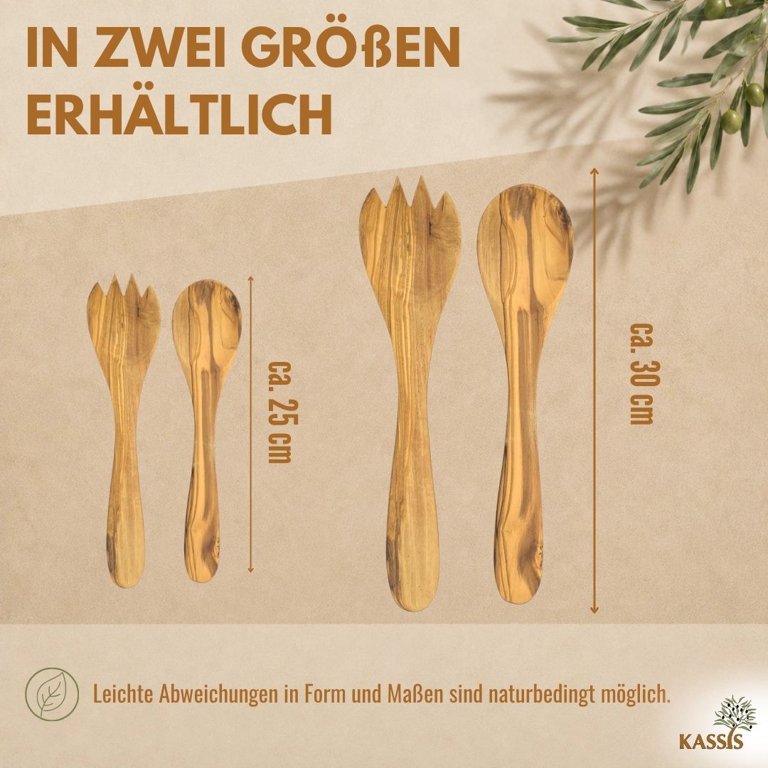 Salatbesteck aus Olivenholz 2-teilig | Salatlöffel & Salatgabel aus Holz Handgefertigtes Servierbesteck
