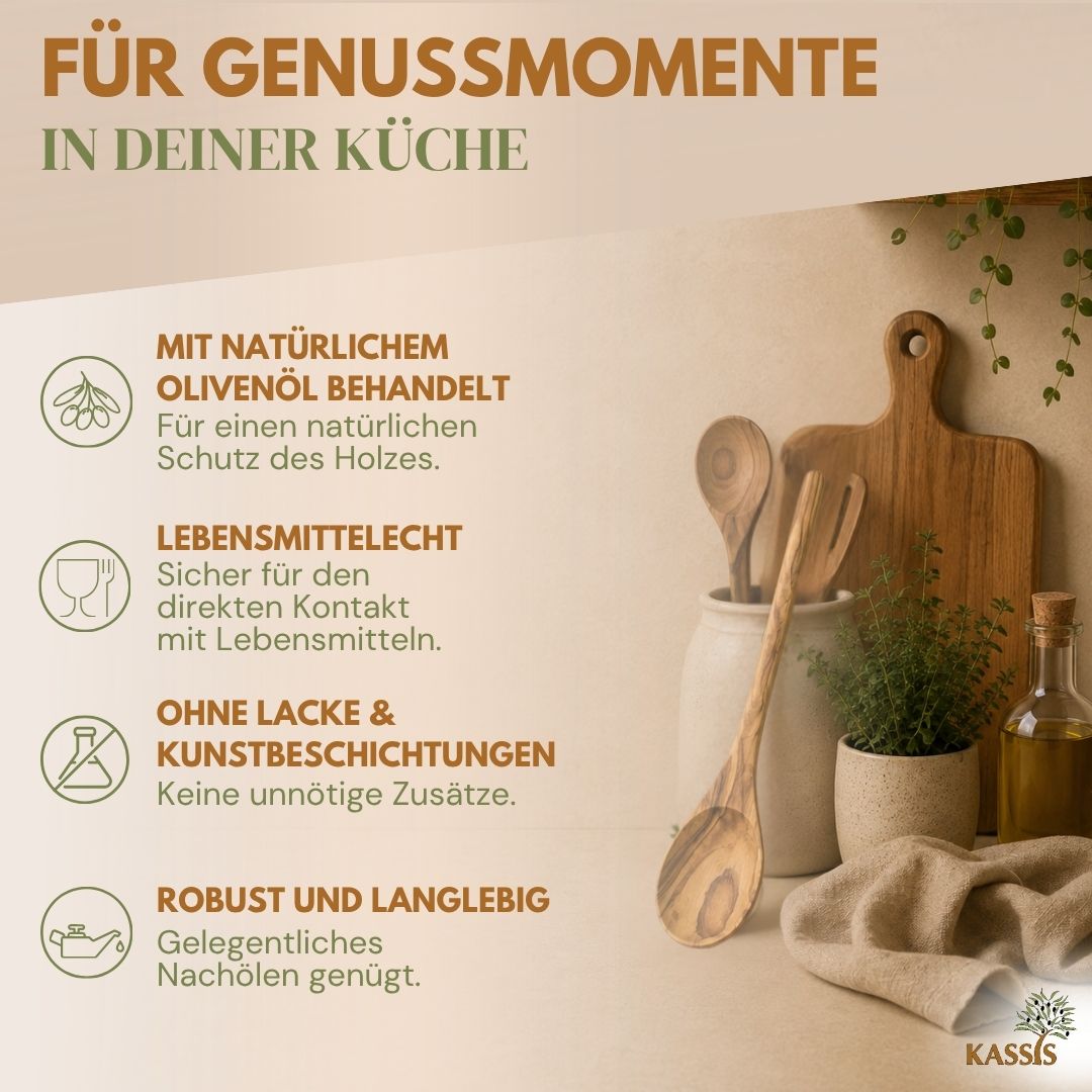 Kochlöffel aus Olivenholz (31 cm) | Massiver Holzlöffel zum Kochen & Servieren