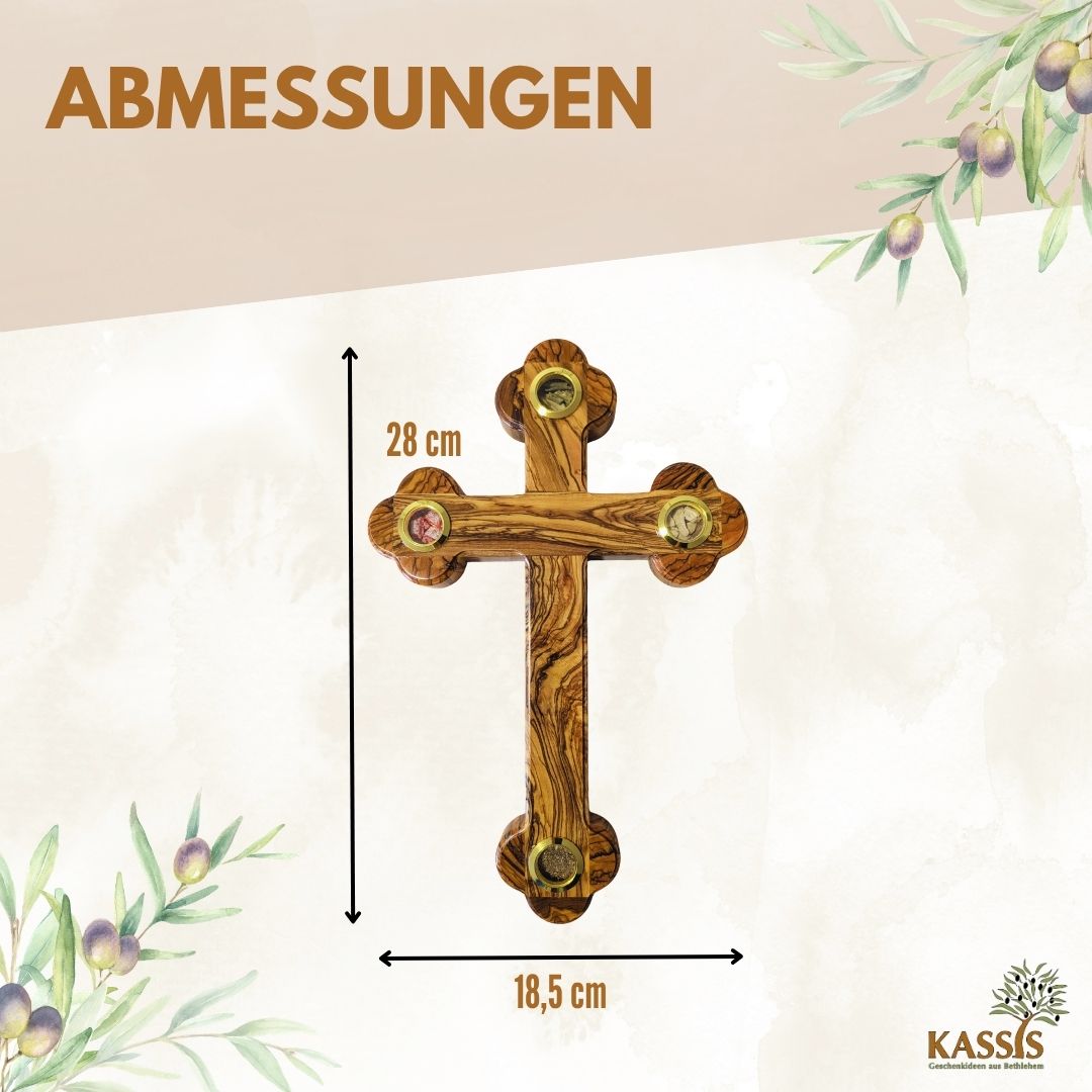 Olivenholz Kreuz mit Einlagen aus Bethlehem 28 × 18,5 cm | Erde, Steine, Weihrauch & Olivenblätter