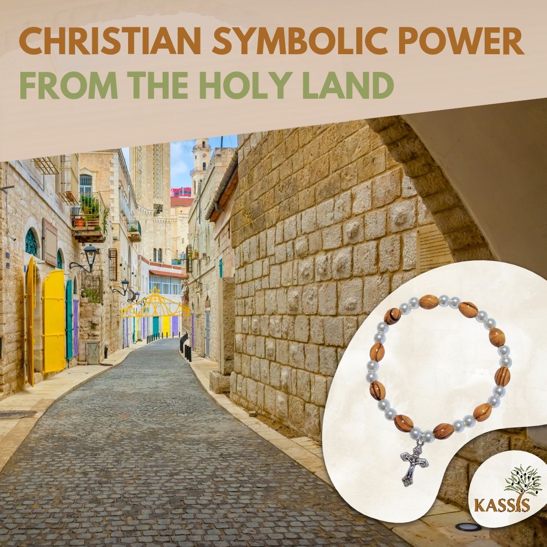 Olivenholz Armband mit Kreuz & schimmernden Perlen | Handgefertigt in Bethlehem