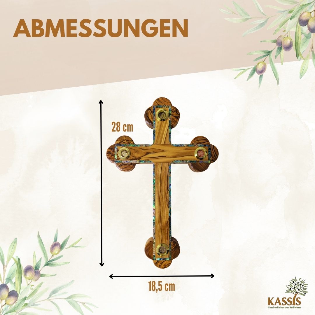 Olivenholz Kreuz mit Perlmutt-Rand & Einlagen aus Bethlehem 28 × 18,5 cm | Handarbeit aus dem Heiligen Land