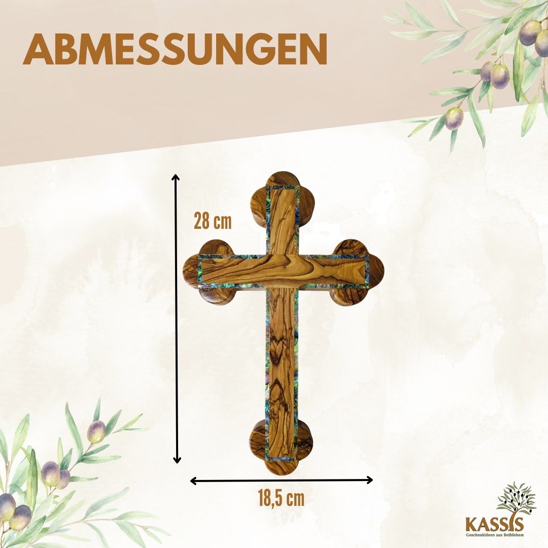 Olivenholz Kreuz mit Perlmutt-Rand | Wandkreuz Geschenk zur Taufe, Kommunion & Firmung