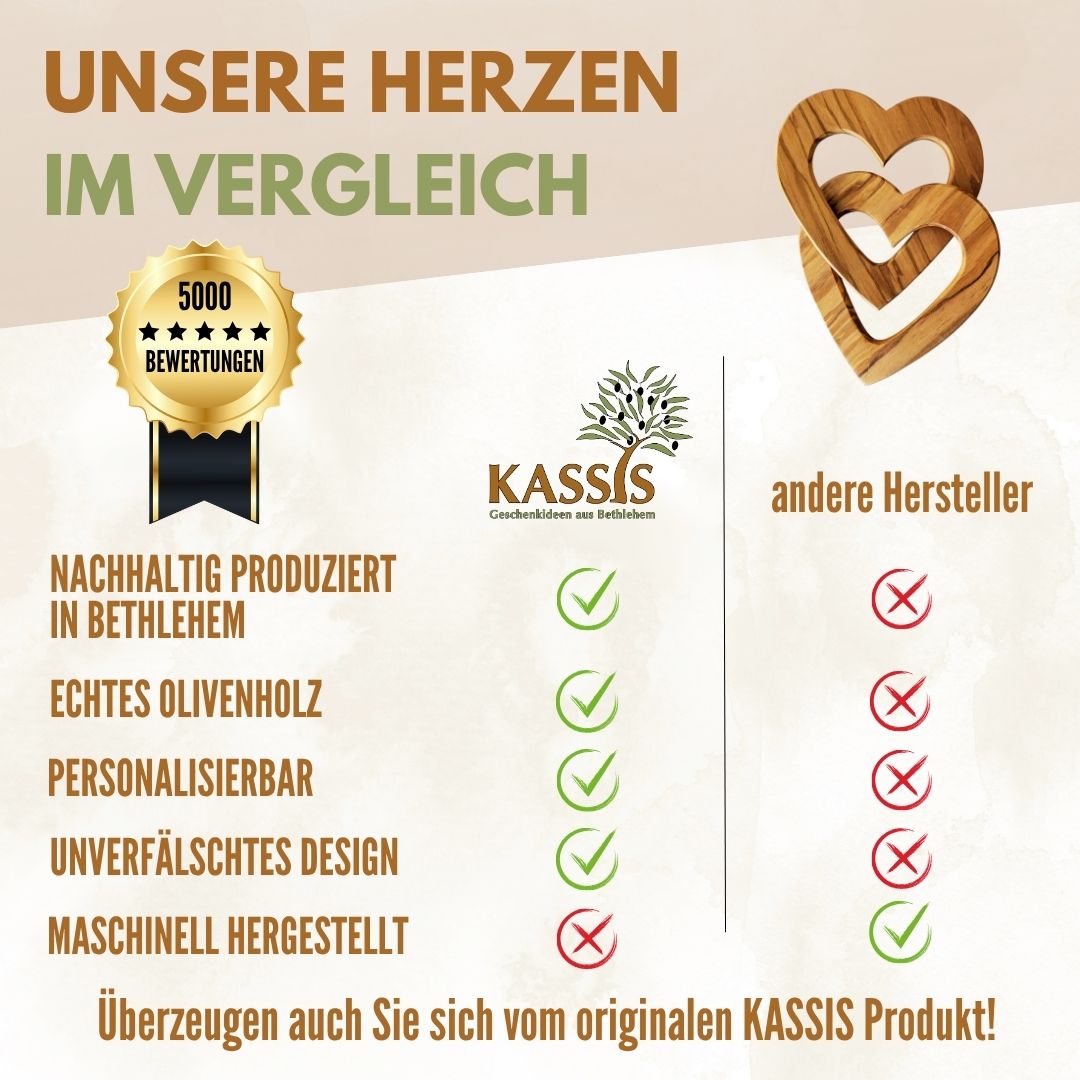 Personalisierte verbundene Herzen aus Olivenholz 15 cm mit Gravur | Geschenk zur Hochzeit, Valentinstag, Jubiläum