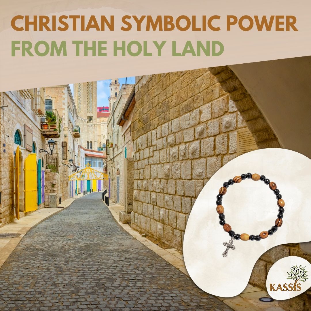 Hämatit & Olivenholz Armband mit Kreuz | Handgefertigtes Perlenarmband aus Bethlehem