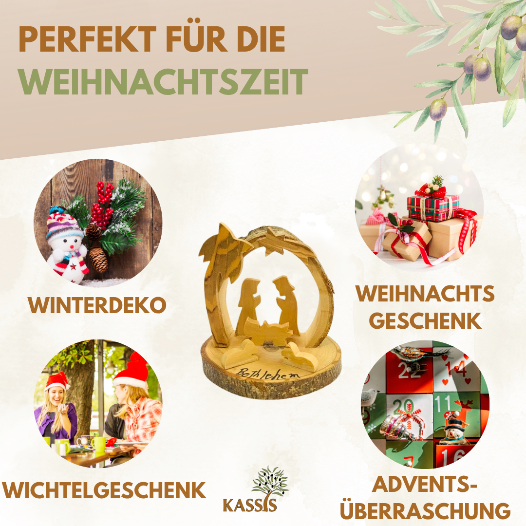 Runde Krippe aus Olivenholz mit Rinde, 7,5 cm | Weihnachtsdeko & Geschenk für Advent und Weihnachten