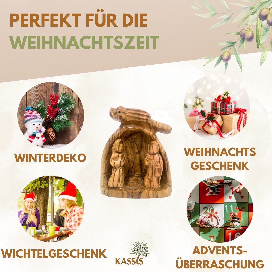 Handgeschnitzte Weihnachtskrippe aus Olivenholz , 10 cm | Weihnachtsdeko & Geschenk für Advent und Weihnachten
