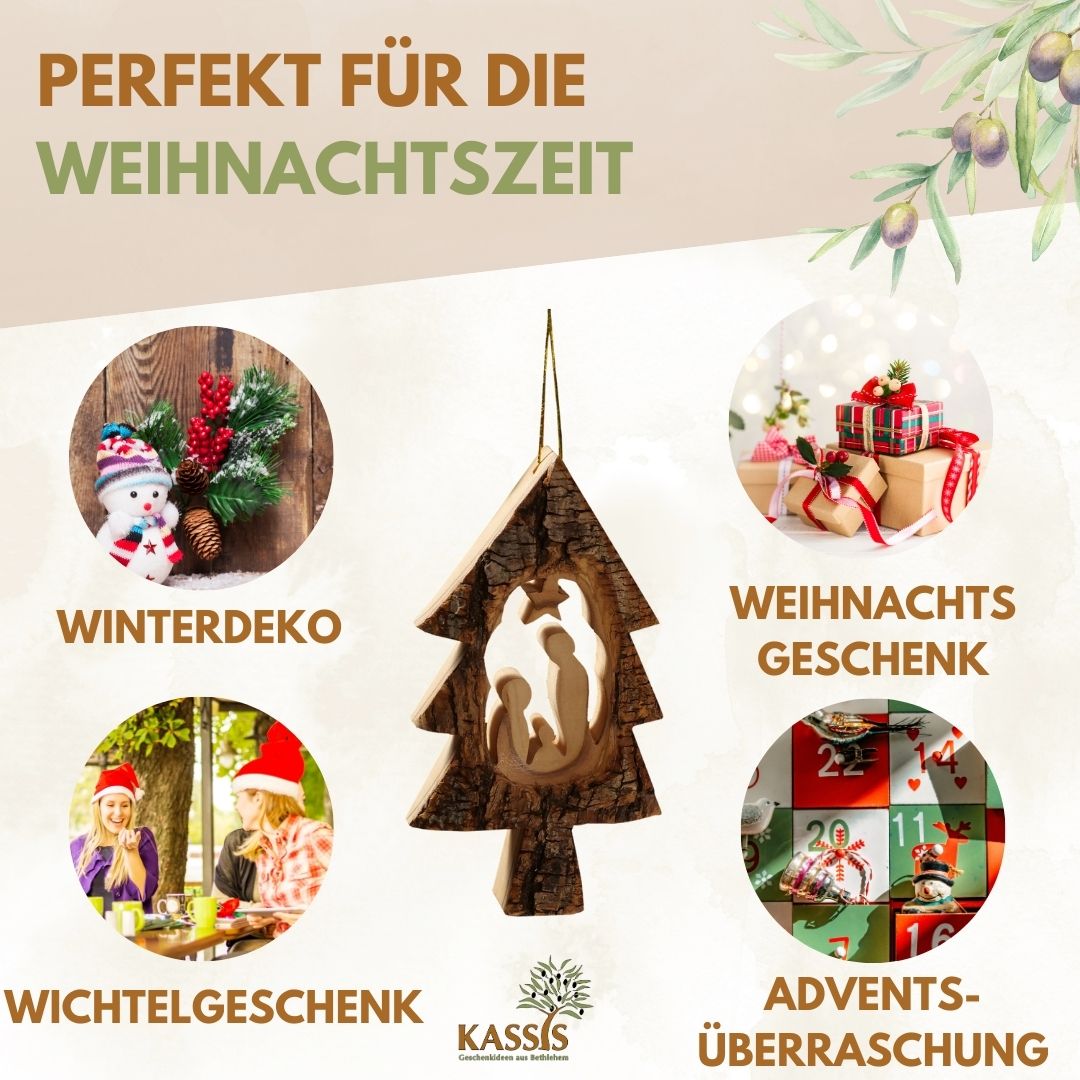 Krippen-Anhänger aus Olivenholz im Tannenbaum mit Rinde (3er Set) | Baumschmuck & Weihnachtsdeko für Advent und Weihnachten