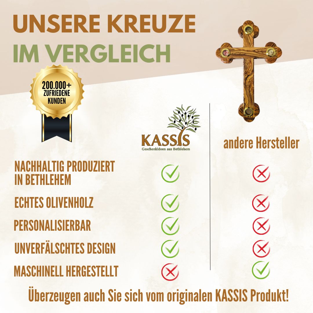 Olivenholz Kreuz mit Einlagen aus Bethlehem 28 × 18,5 cm | Erde, Steine, Weihrauch & Olivenblätter