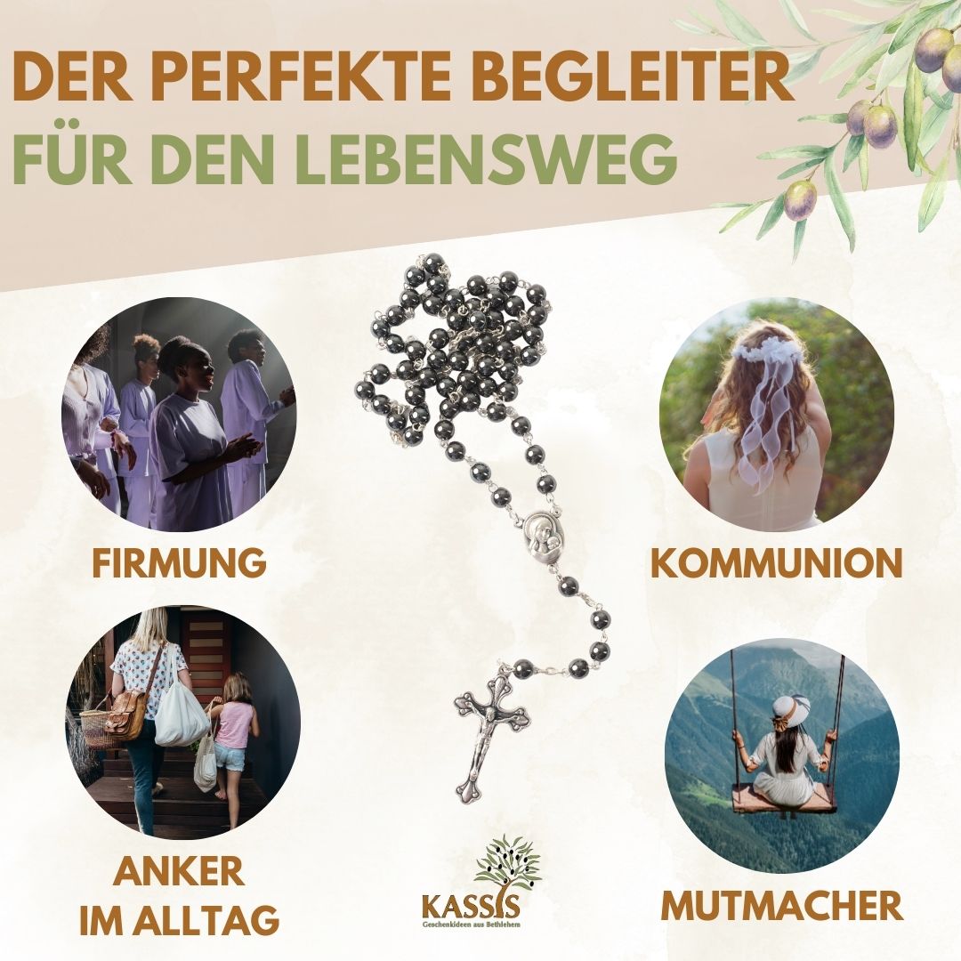 Rosenkranz mit runden Hämatitperlen (42 cm) | Gebetskette mit Kreuz als Geschenk zur Taufe, Kommunion & Firmung