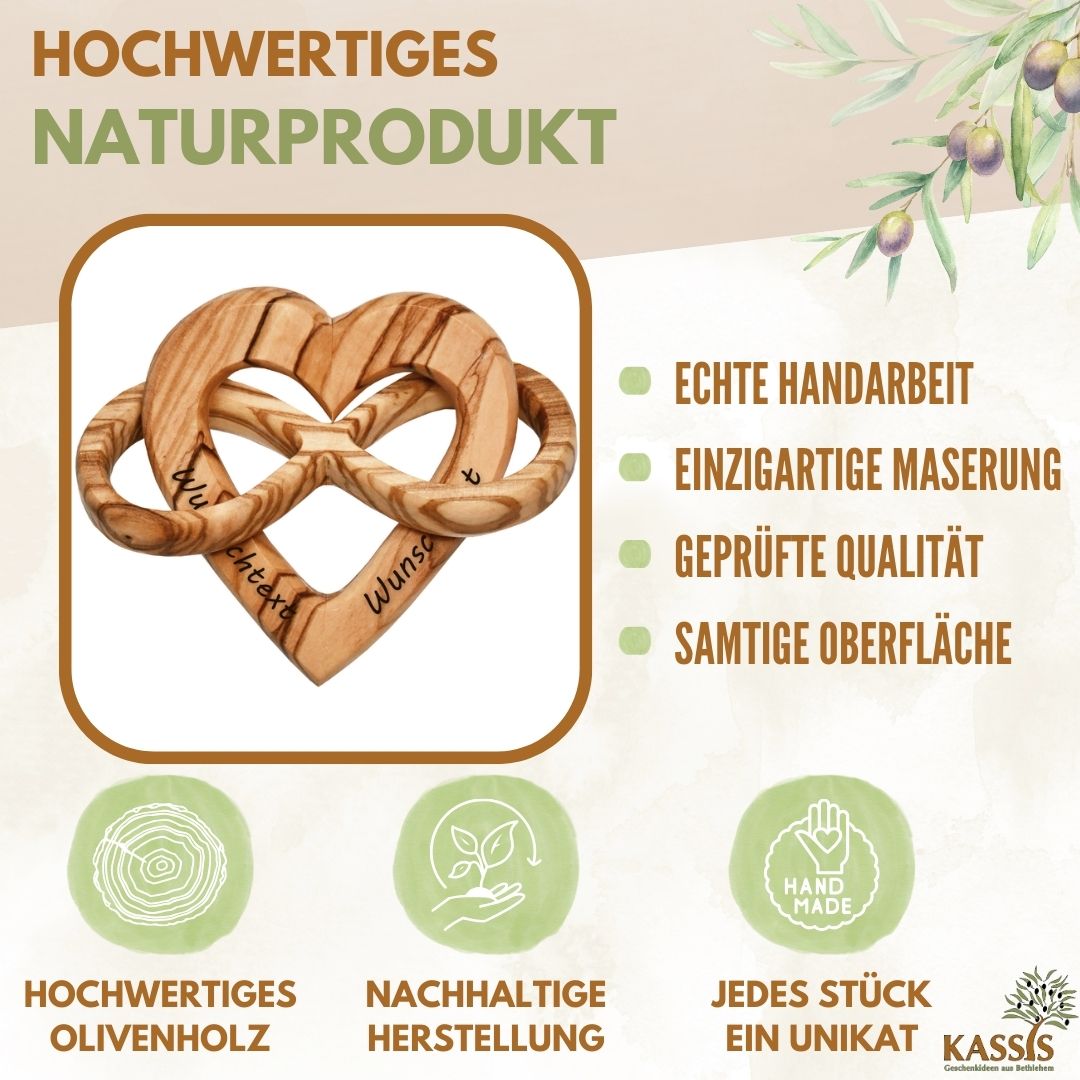 Personalisiertes Herz aus Olivenholz mit Unendlichkeitssymbol 7,5 cm | Geschenk zur Hochzeit, Valentinstag, Jubiläum
