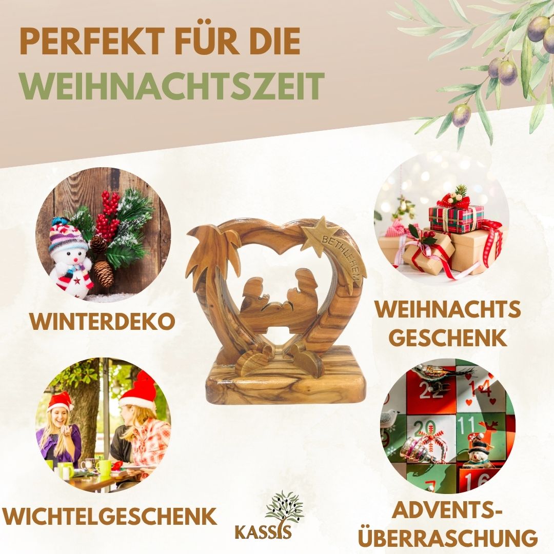 Herzförmige Krippe aus Olivenholz , 7 cm | Weihnachtsdeko & Geschenk für Advent und Weihnachten