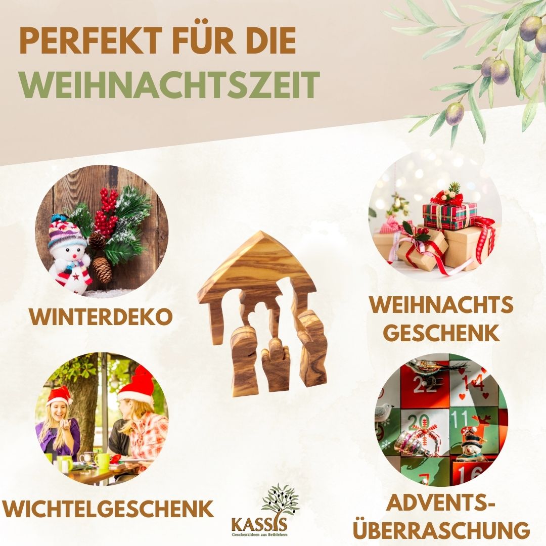 Krippe aus Olivenholz als Puzzle 6,5 cm (ohne Rinde) | Weihnachtsdeko & Geschenk für Advent und Weihnachten