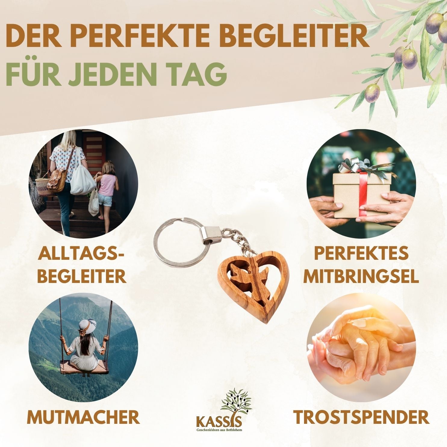 Schlüsselanhänger Schutzengel im Herz aus Olivenholz | Liebevoller Glücksbringer als Geschenk zur Taufe, Kommunion & Geburtstag
