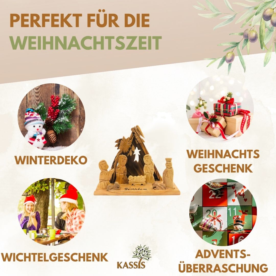Krippe mit Zelt aus Olivenholz , 10 cm | Weihnachtsdeko & Geschenk für Advent und Weihnachten