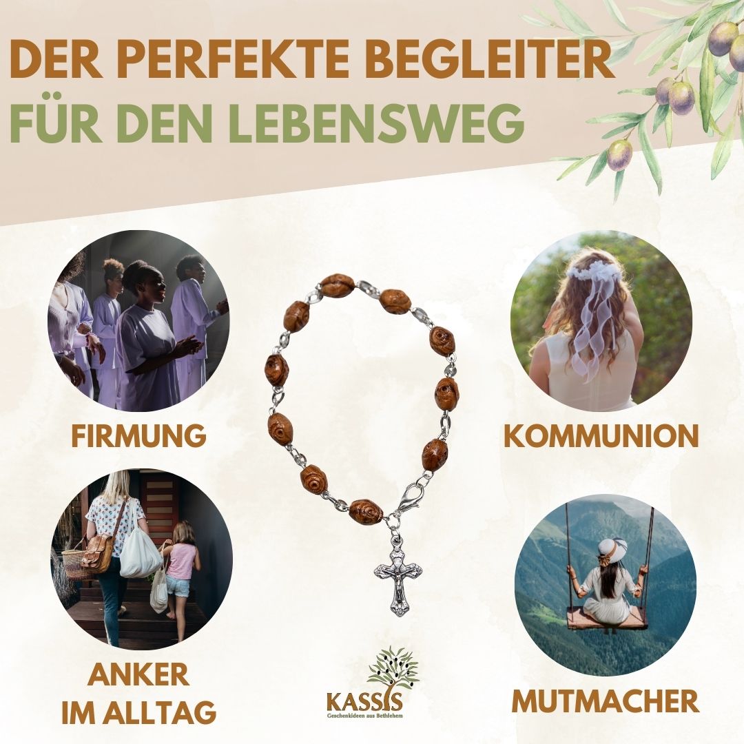 Olivenholz Armband mit Kreuz & verzierten Perlen | Perlenarmband Damen & Herren, Geschenk Taufe, Kommunion