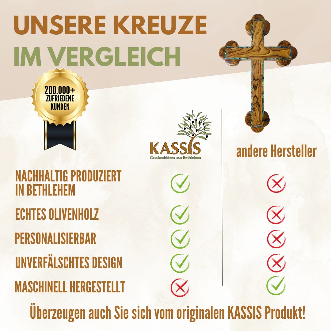 Olivenholz Kreuz mit Perlmutt-Rand | Wandkreuz Geschenk zur Taufe, Kommunion & Firmung