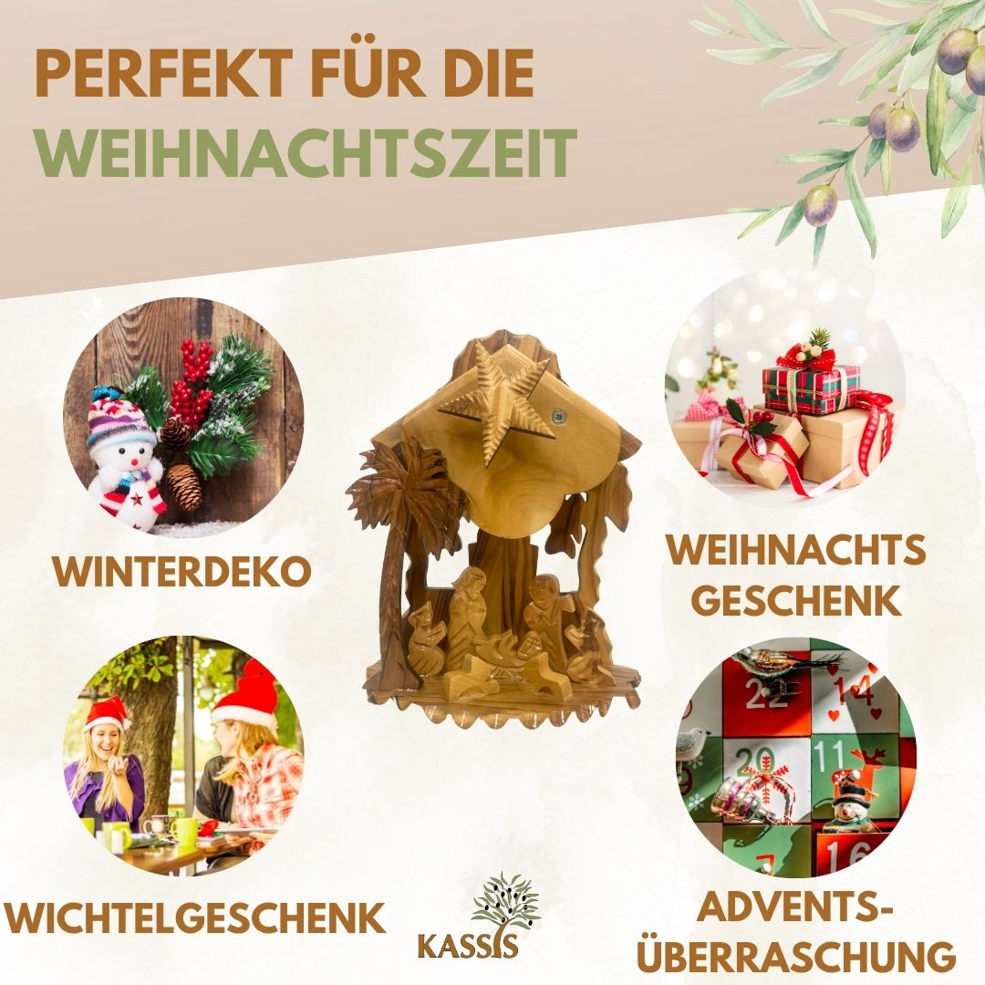 Weihnachtskrippe aus Olivenholz mit Aufziehmechanismus | Weihnachtsdeko & Geschenk für Advent und Weihnachten