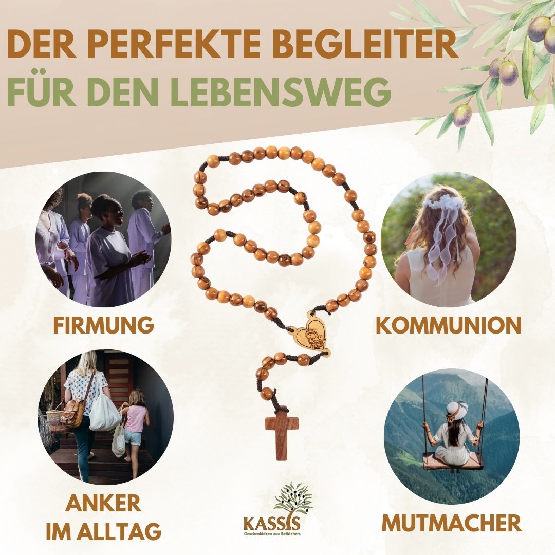 Rosenkranz aus Olivenholz mit Herz und Maria (42 cm) | Gebetskette als Geschenk zur Taufe, Kommunion & Firmung
