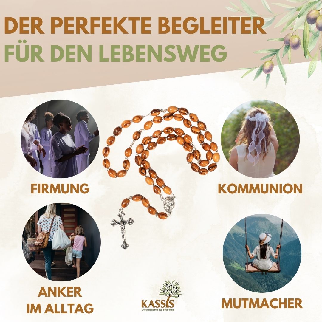 Rosenkranz mit ovalen Olivenholz-Perlen und Elementen aus Metall & Erde | Gebetskette mit Kreuz als Geschenk zur Taufe, Kommunion & Firmung