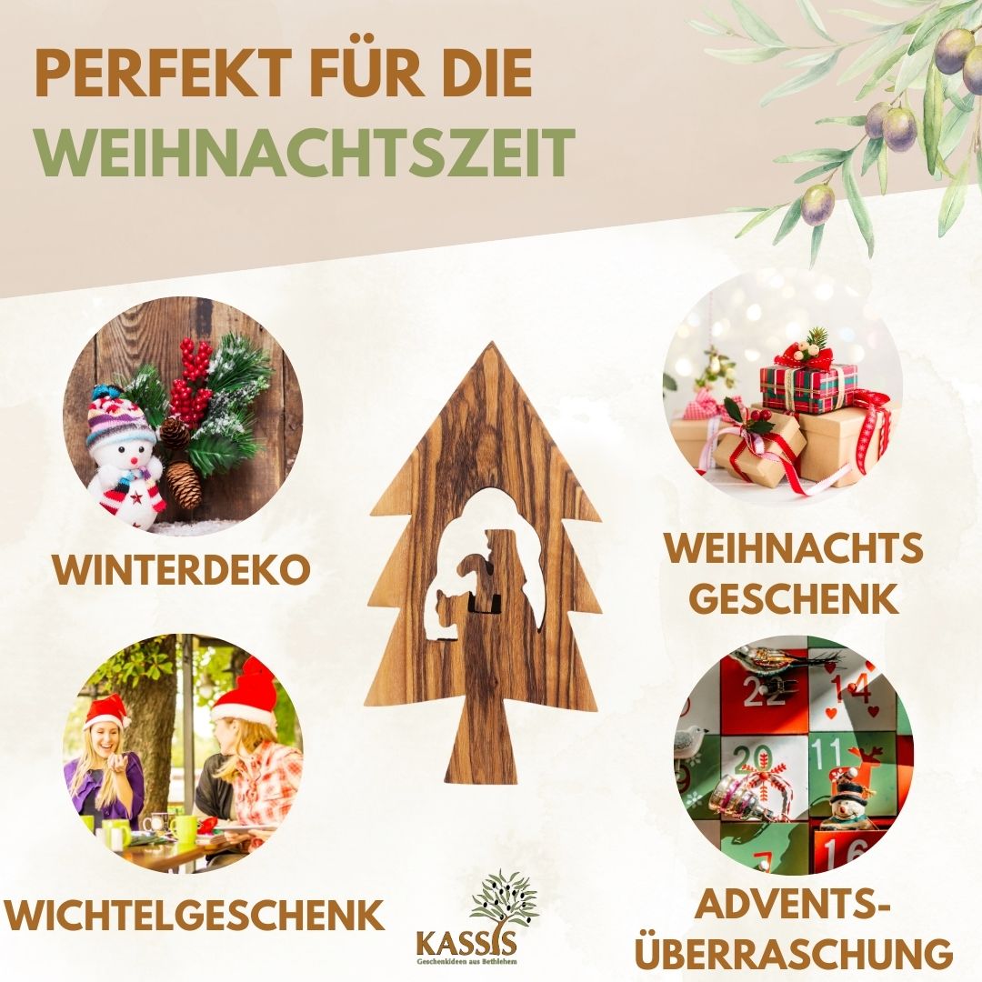 Olivenholz Krippen-Anhänger im Tannenbaum 3er Set (ohne Rinde) | Baumschmuck & Weihnachtsdeko für Advent und Weihnachten