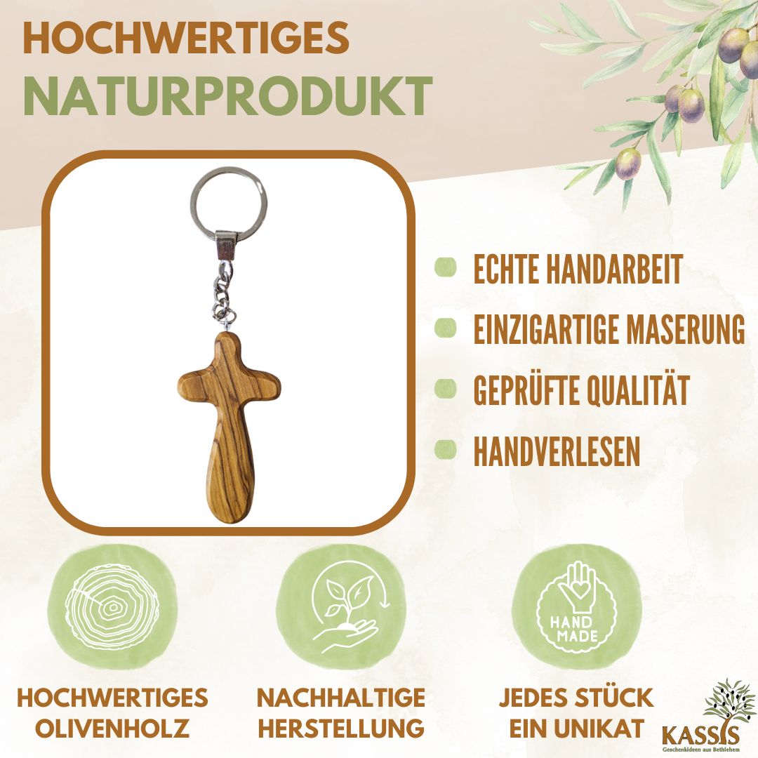 Personalisierter Kreuz Schlüsselanhänger aus Olivenholz mit Gravur 7 cm | Geschenk zur Taufe, Kommunion, Konfirmation