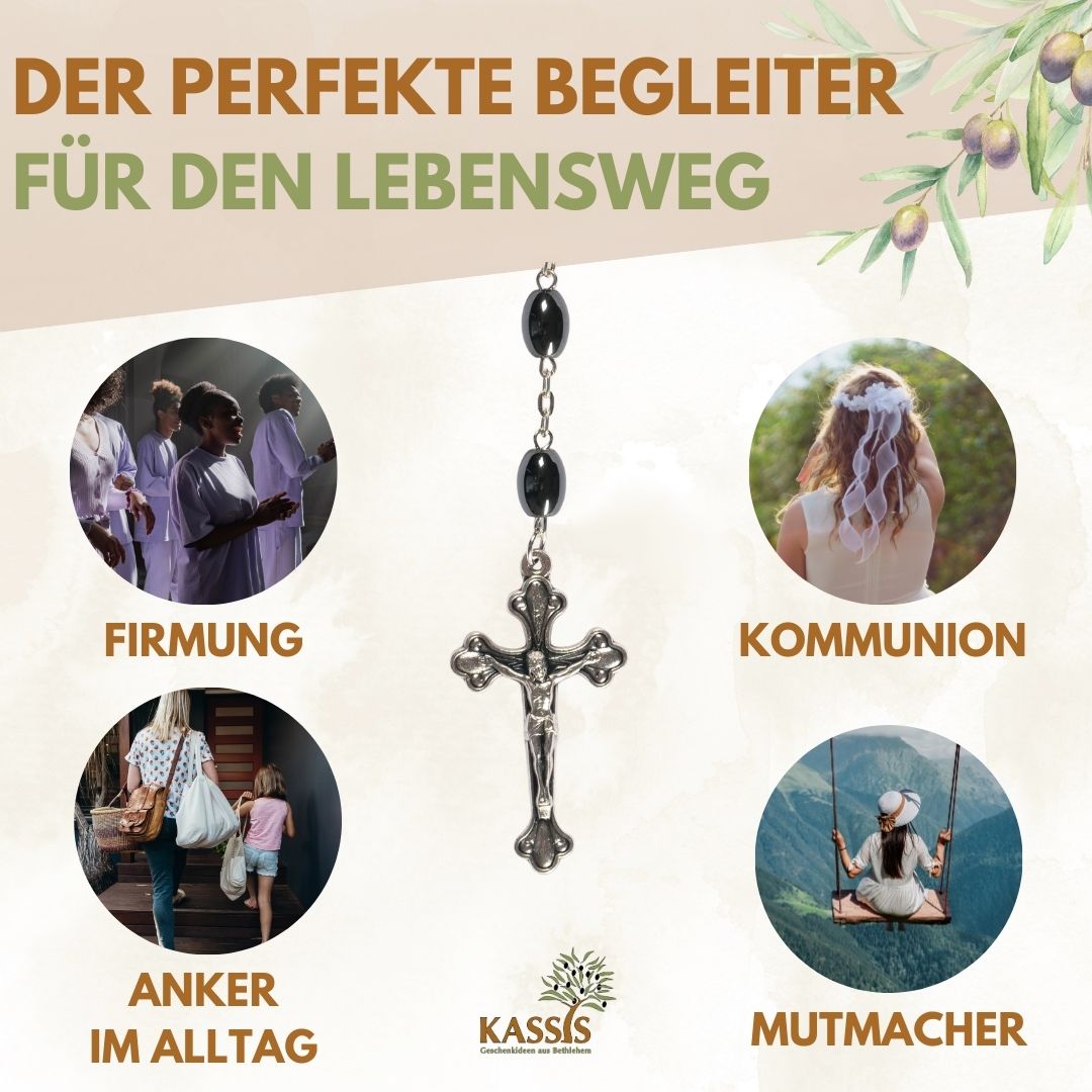 Rosenkranz mit ovalen Hämatitperlen (53 cm) | Gebetskette mit Metallkreuz, Geschenk zur Taufe, Kommunion & Firmung