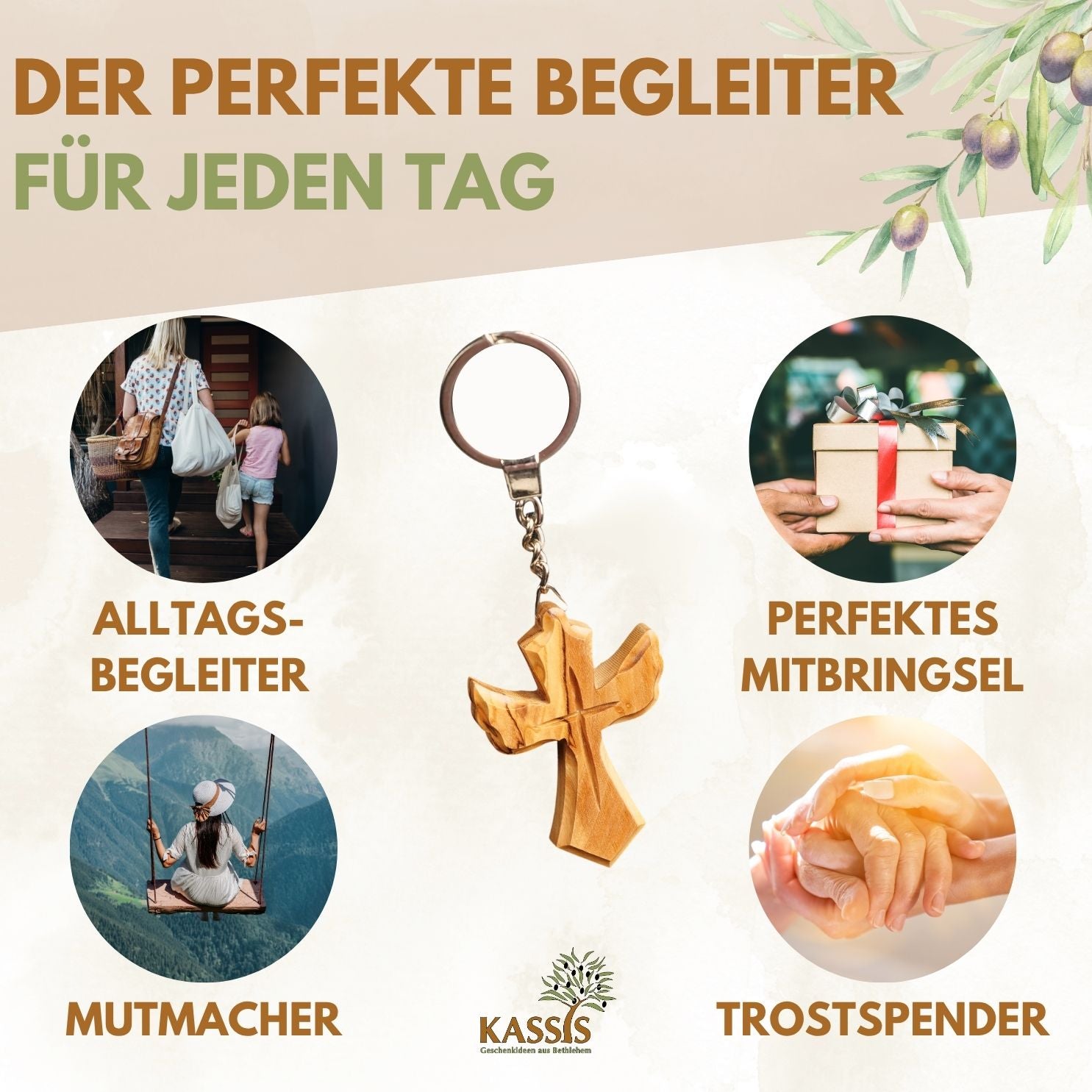 Personalisierter Schlüsselanhänger aus Olivenholz mit Gravur – Kreuz in Engel Form | Geschenk zur Taufe, Kommunion, Geburtstag
