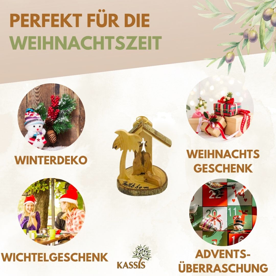 Krippe zum Aufhängen aus Olivenholz mit Rinde, 7 cm | Weihnachtsdeko & Geschenk für Advent und Weihnachten