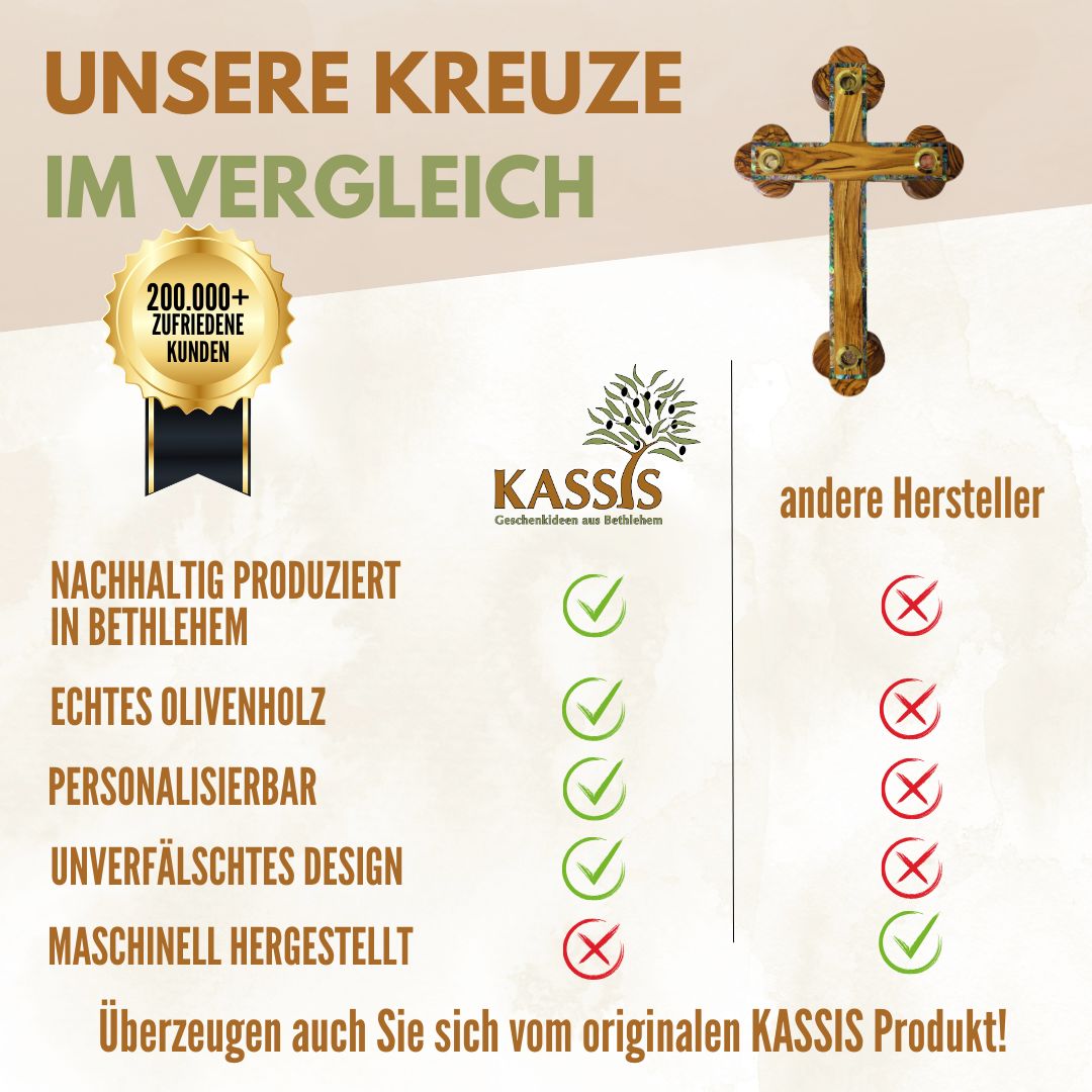 Olivenholz Kreuz mit Perlmutt-Rand & Einlagen aus Bethlehem 28 × 18,5 cm | Handarbeit aus dem Heiligen Land