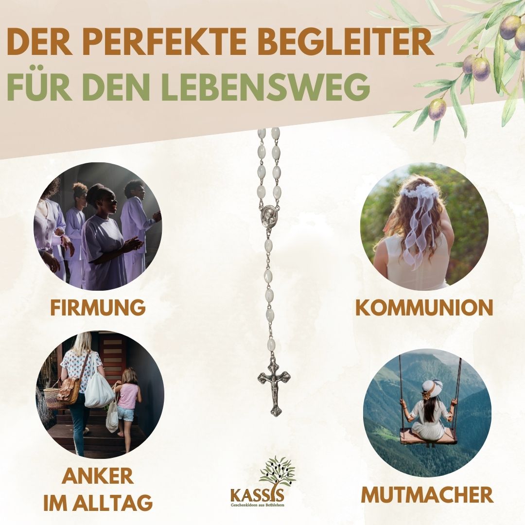 Rosenkranz mit ovalen Perlmuttperlen (55 cm) | Elegante Gebetskette mit Kreuz als Geschenk zur Taufe, Kommunion & Firmung