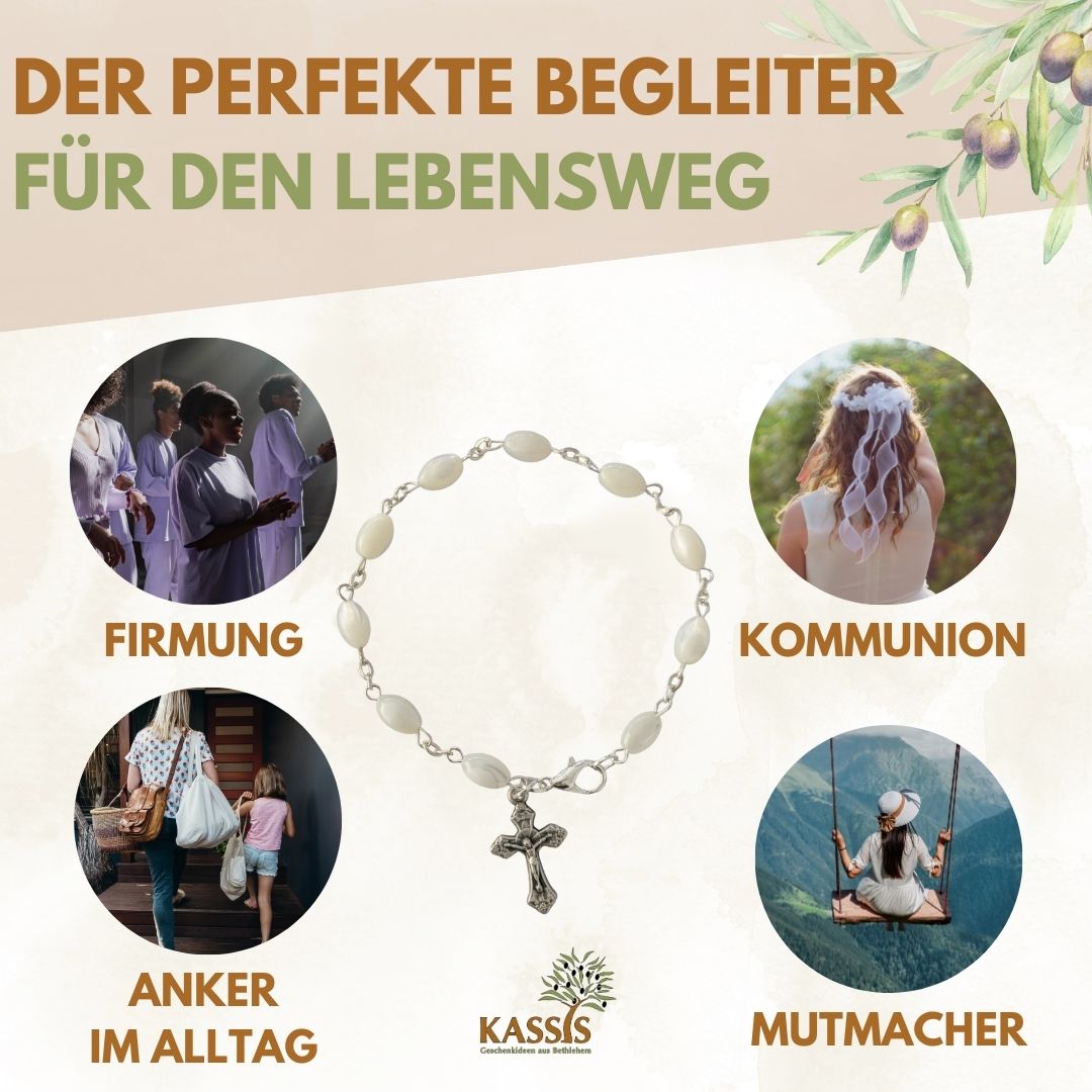 Armband mit Perlmutt Perlen & Kreuz | Perlenarmband Unisex, Geschenk Taufe, Kommunion