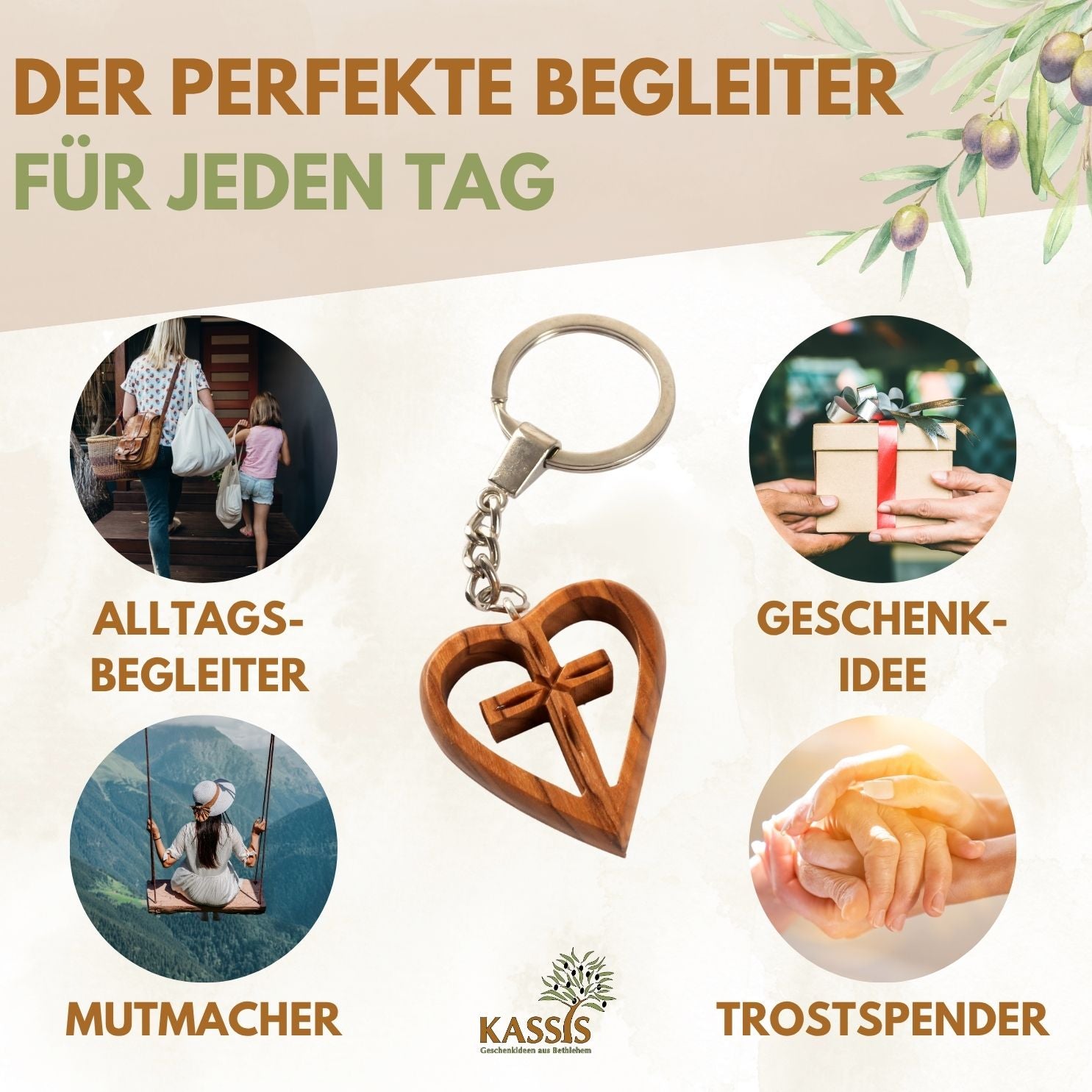 Schlüsselanhänger Kreuz im Herz aus Olivenholz | Liebevoller Glücksbringer als Geschenk zur Taufe, Kommunion & Geburtstag