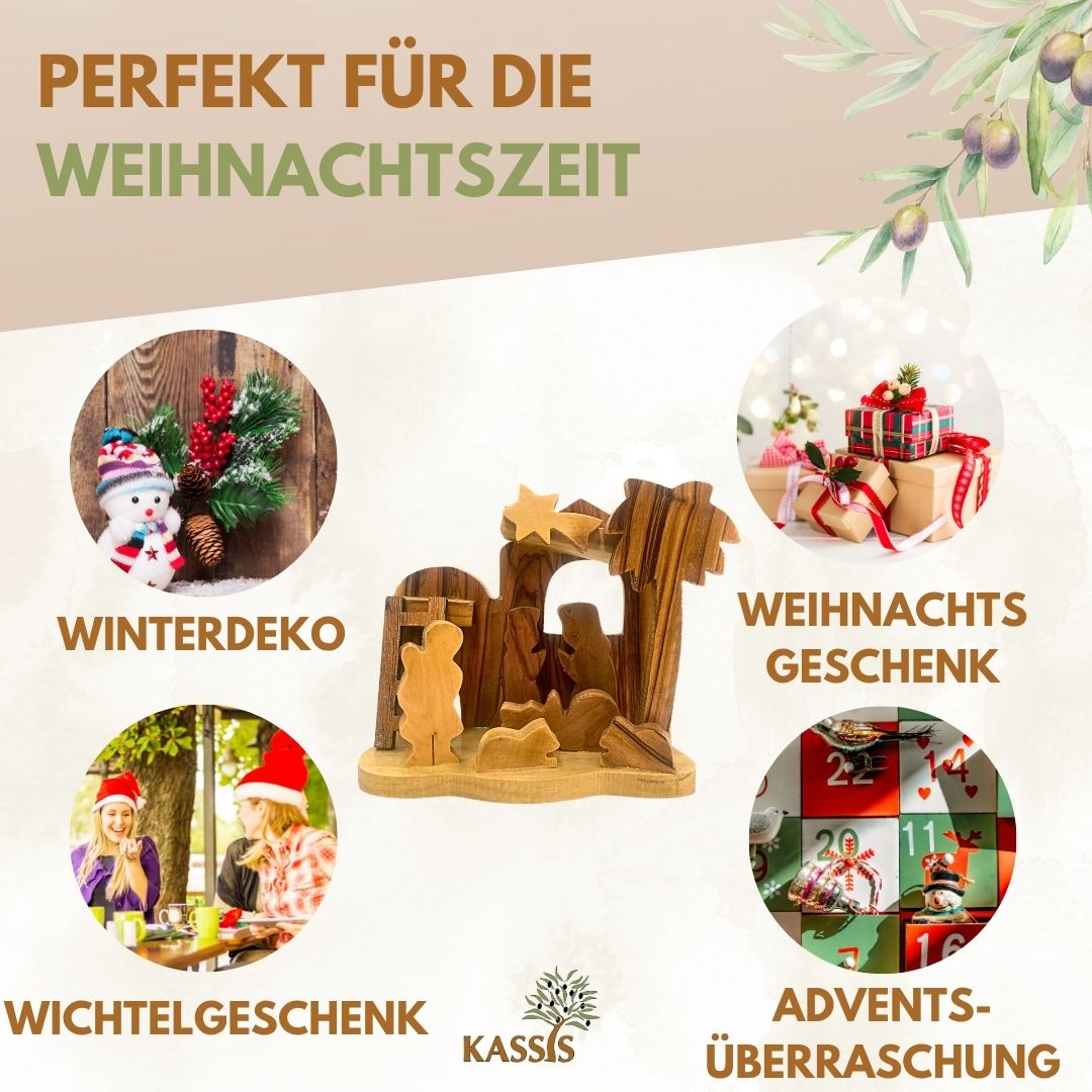 Krippe aus Olivenholz , 8 cm | Weihnachtsdeko & Geschenk für Advent und Weihnachten