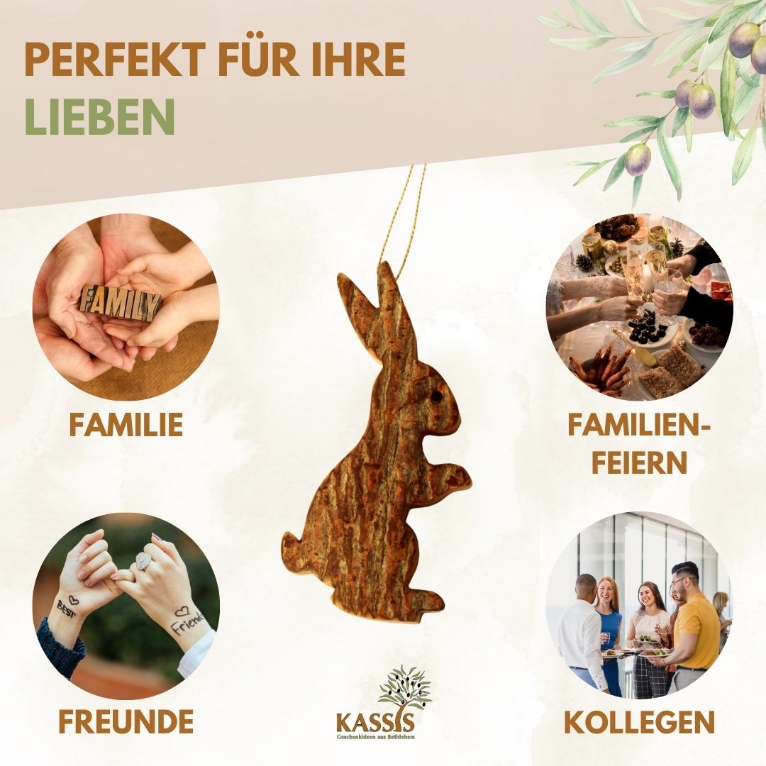 Osterhase Anhänger aus Olivenholz mit Rinde | Natürliche Osterdeko & Baumschmuck für Ostern